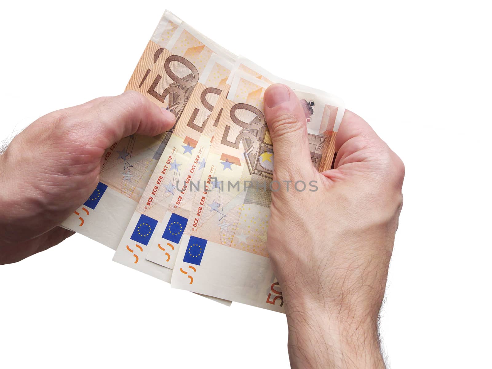 Business earning, shopping and financial concept. Closeup view of two hands with euro bank notes isolated on white background.