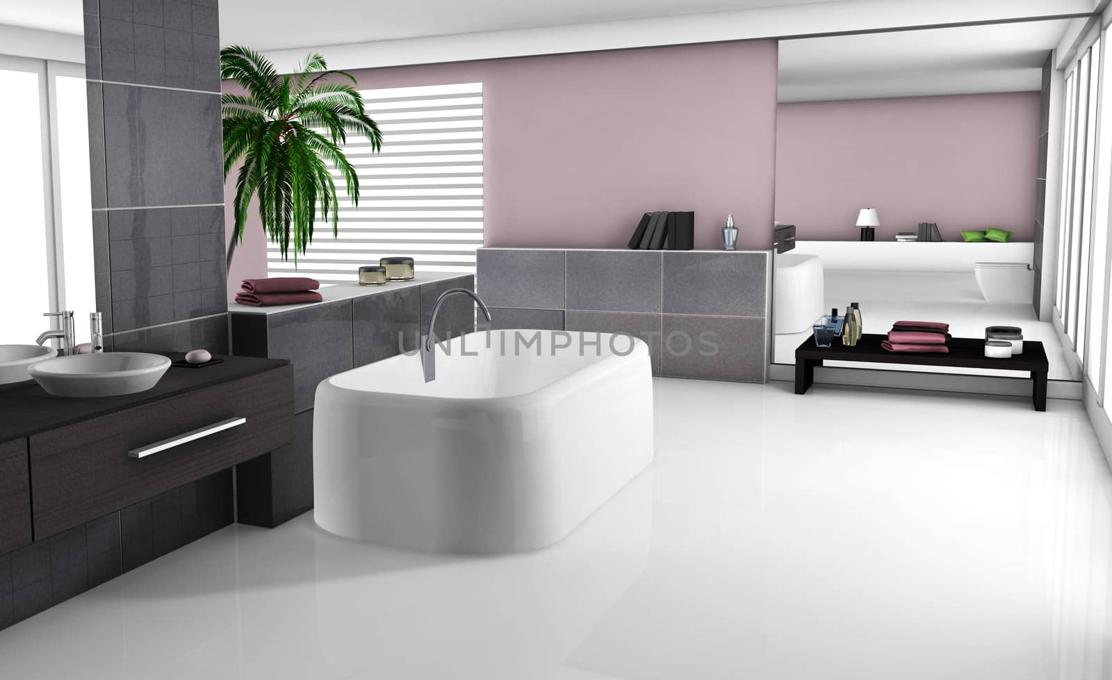 Modern home interior of a luxury bathroom with contemporary furniture and design, white floor and black granite tiles. No brandnames objects.