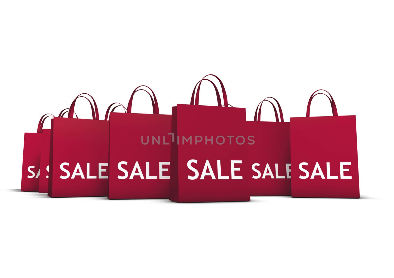 Discount, sale and shops offers concept with a lot of red shopping bags with sale sign on white background.