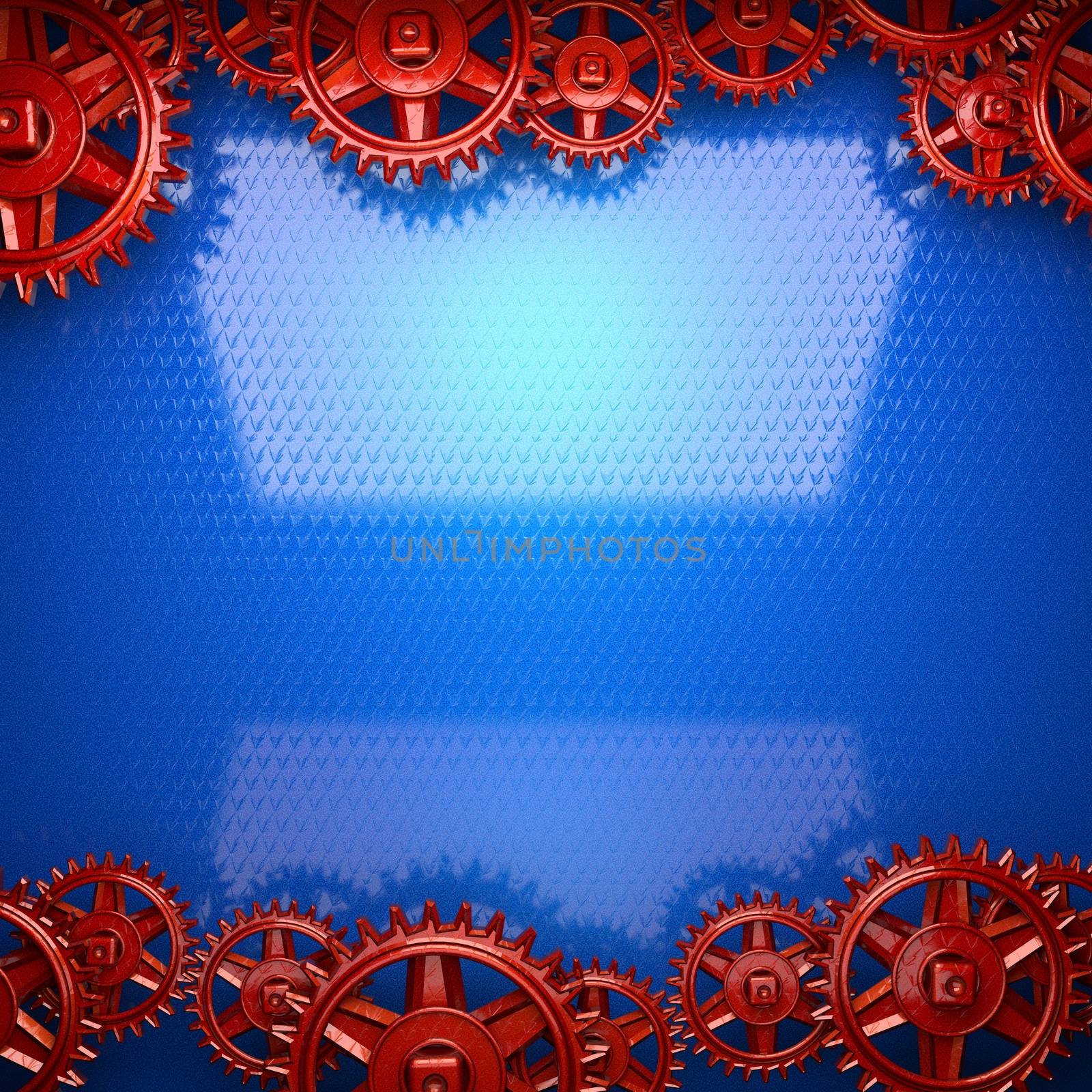 blue metal background with red cogwheel gears