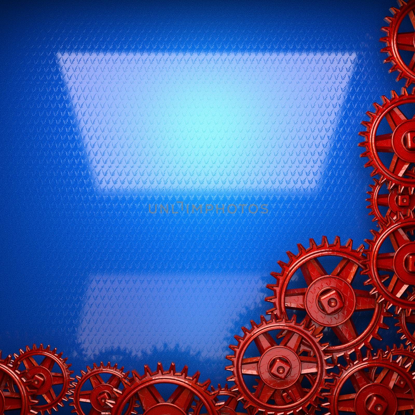 blue metal background with red cogwheel gears