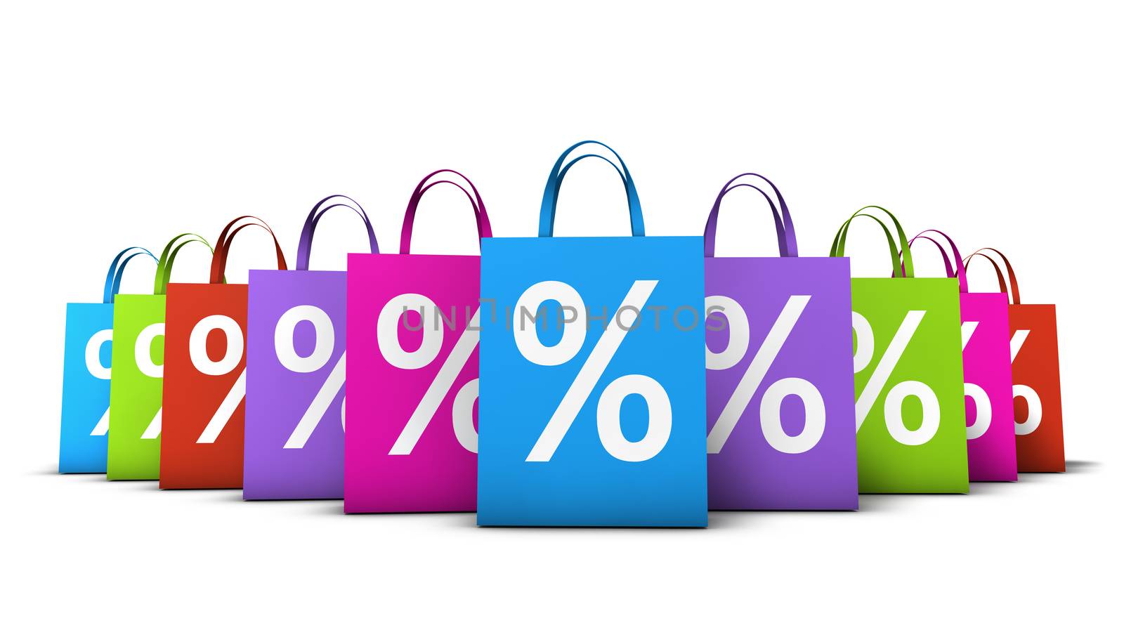 Discount, sale and shops offers concept with a lot of colorful shopping bags with frontal percent symbol isolated on white background.