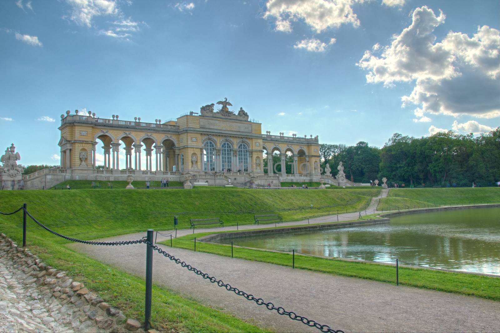 Photo shows general view of garden of Schonbrunn Palace.