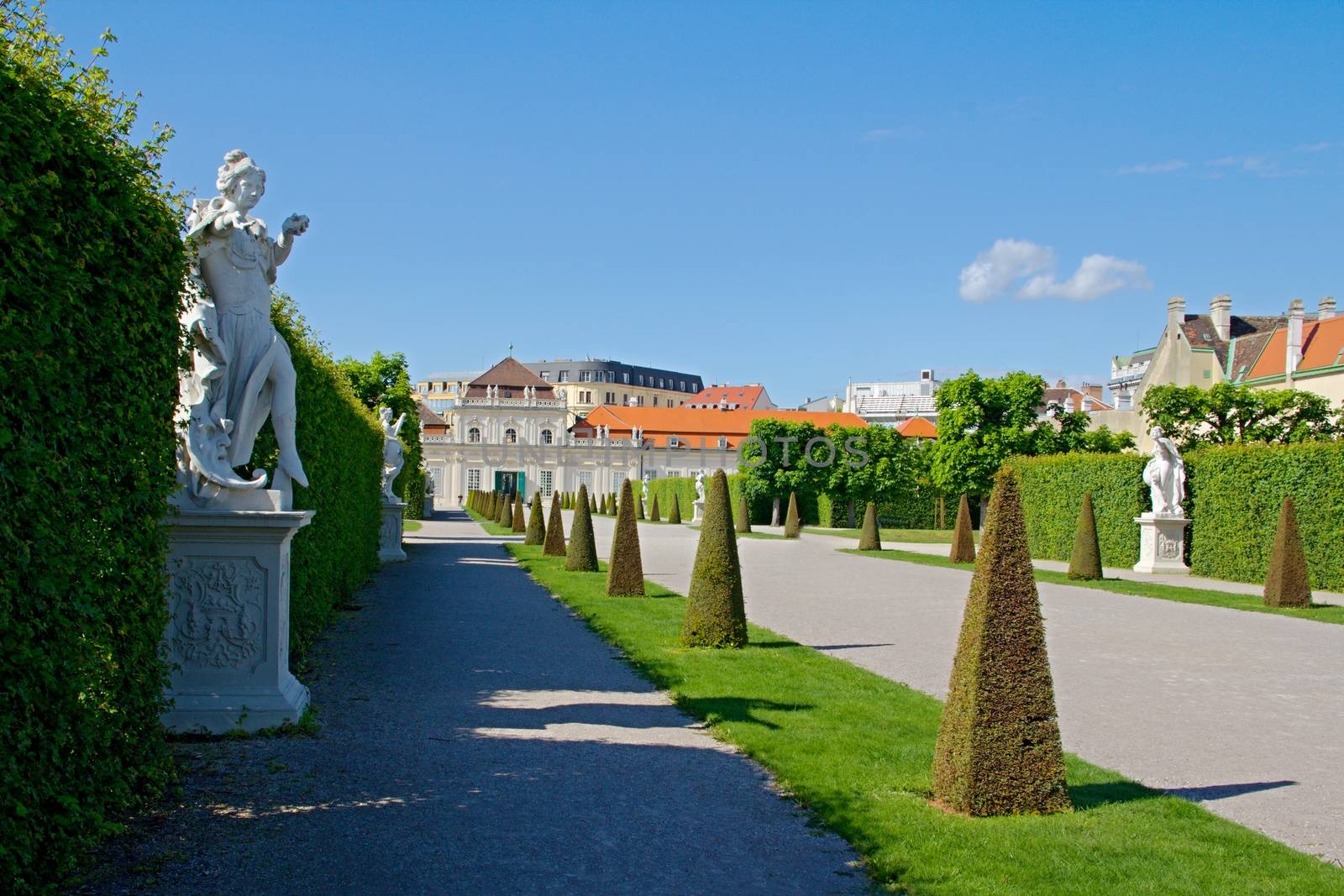 Photo shows general view of garden of Belvedere Palace.