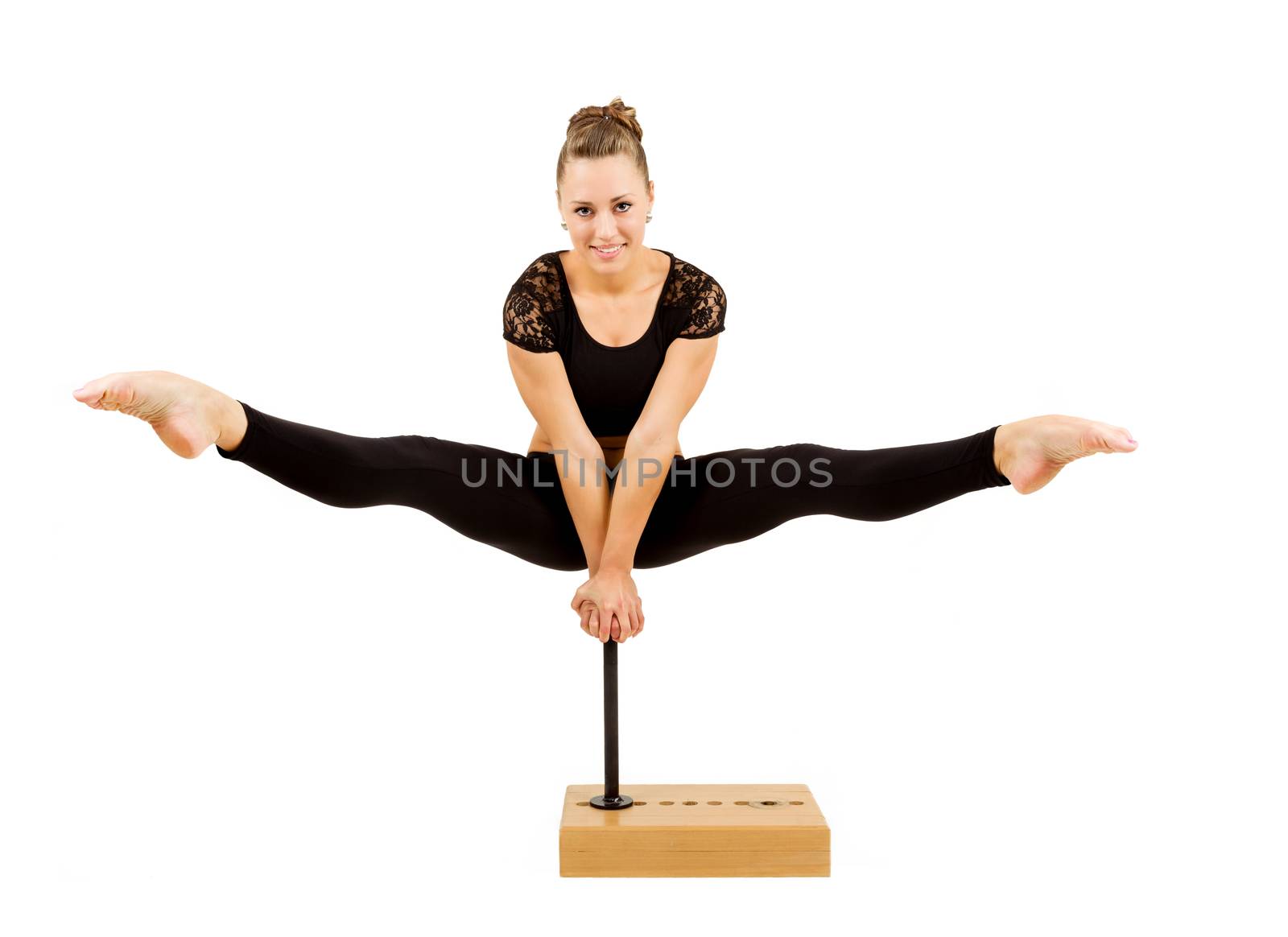 beauty contortionist practicing gymnastic yoga isolated on white background, Young professional gymnast woman