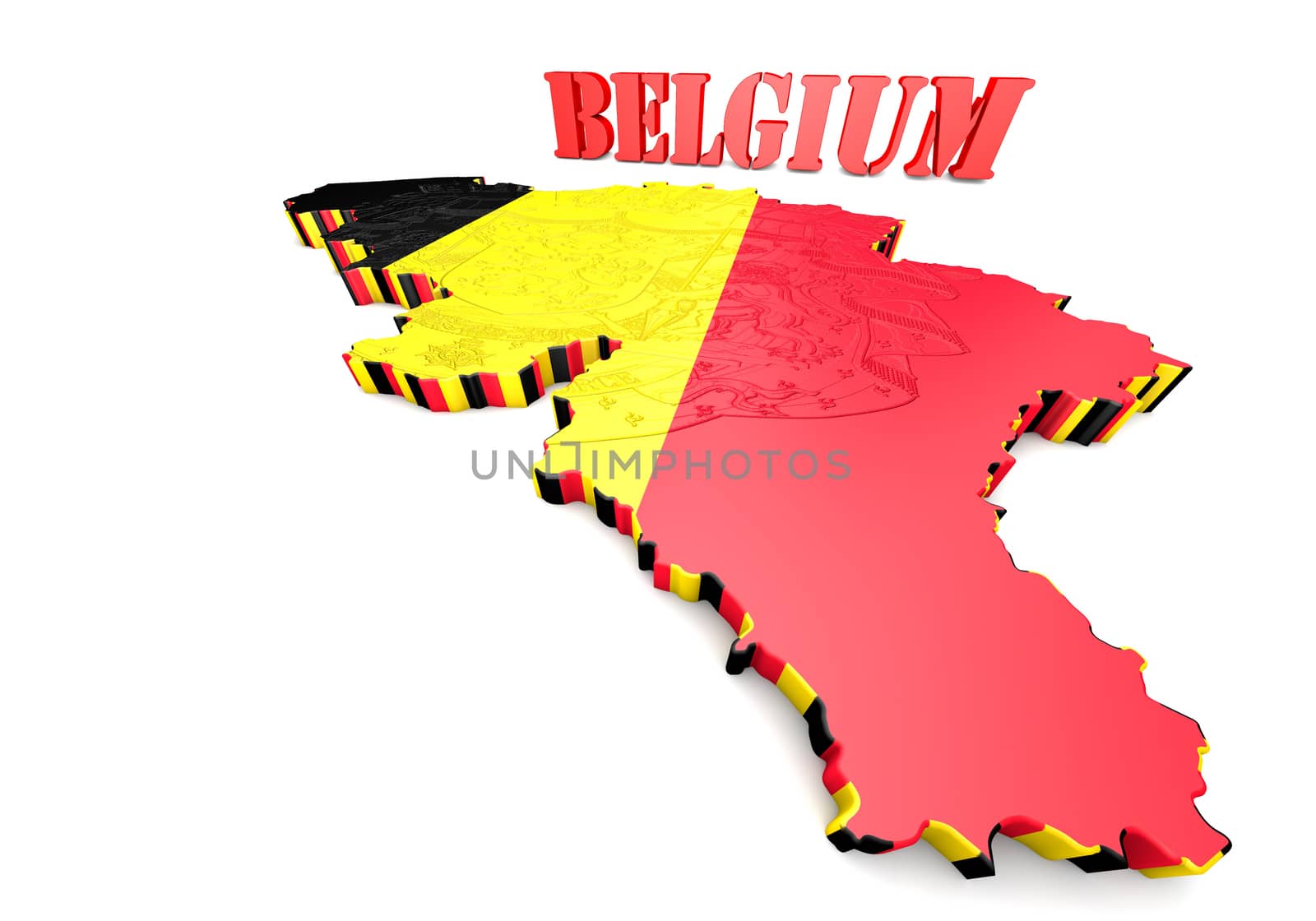3D map illustration of Belgium with flag and coat of arms