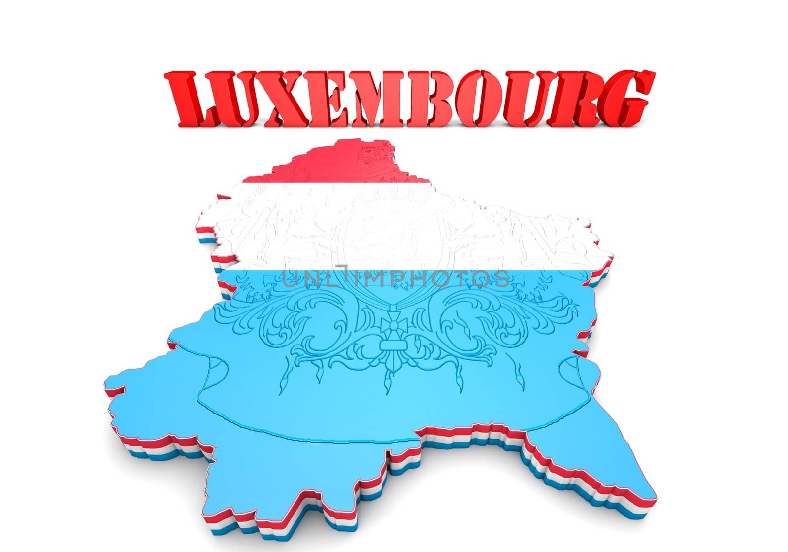 3D Map illustration of Luxembourg with flag and coat of arms