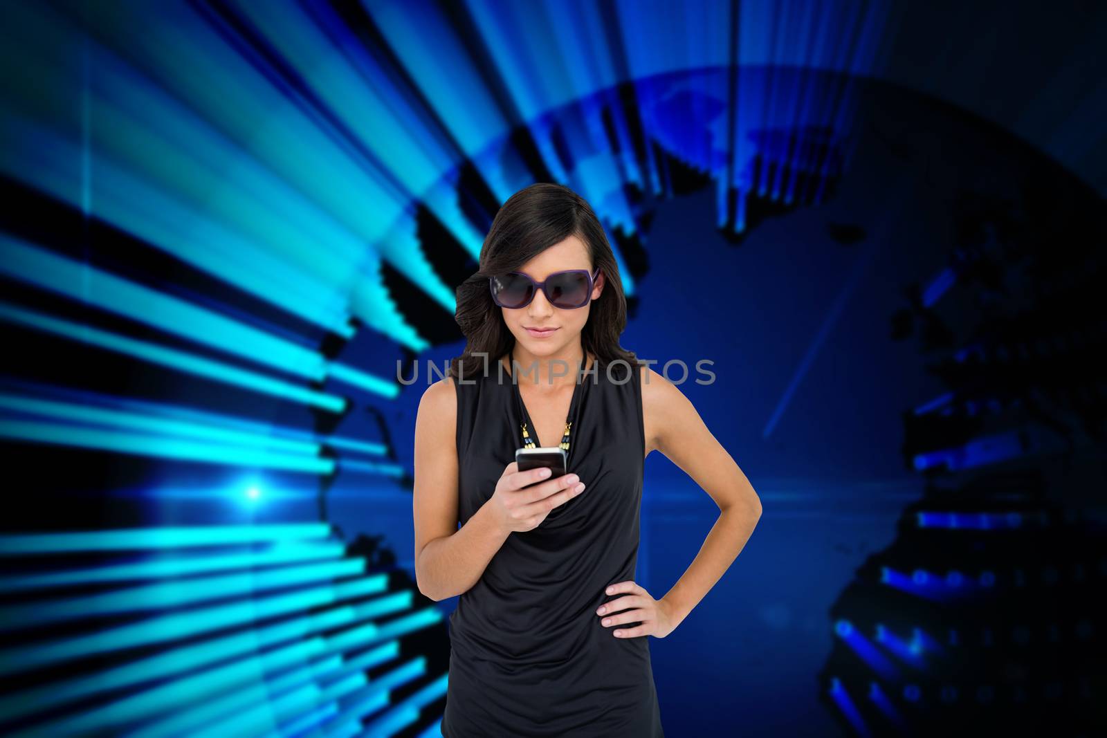 Glamorous brunette using smartphone against blue technology background by Wavebreakmedia