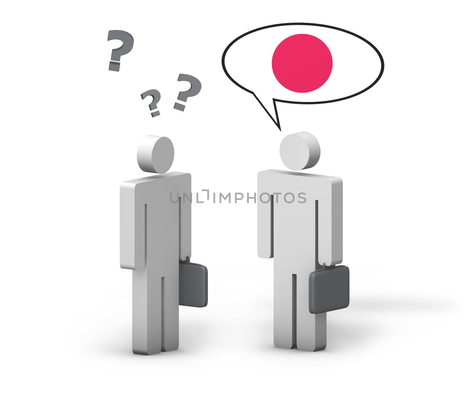 Business Japanese concept with a funny conversation between two 3d people on white background. The man with the Japan flag on the speech cloud speaks a correct language, the other one no.