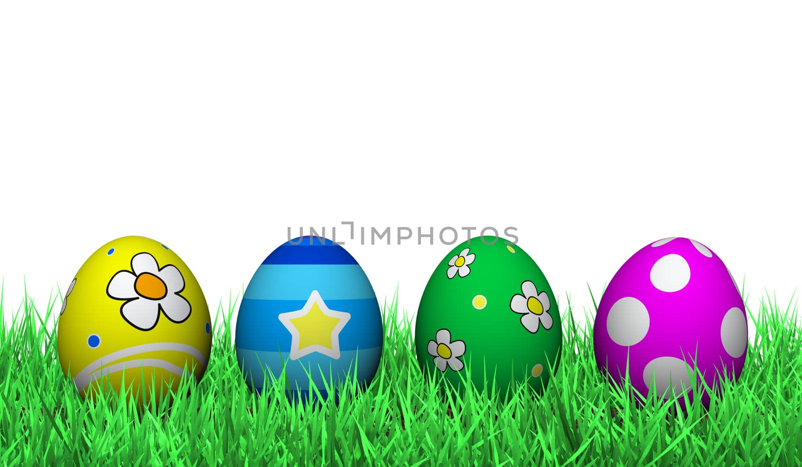 Four easter eggs on green grass painted with flowers, stars and colorful children decoration on white background.