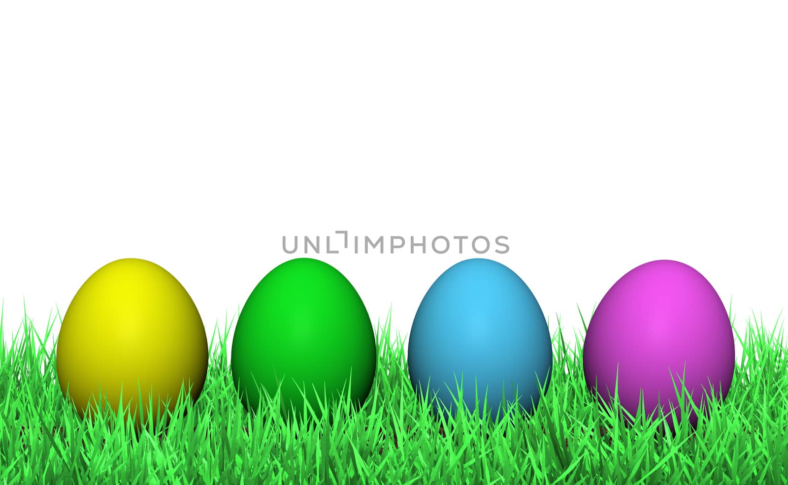 Four colorful easter eggs on green grass with copy space and white background.