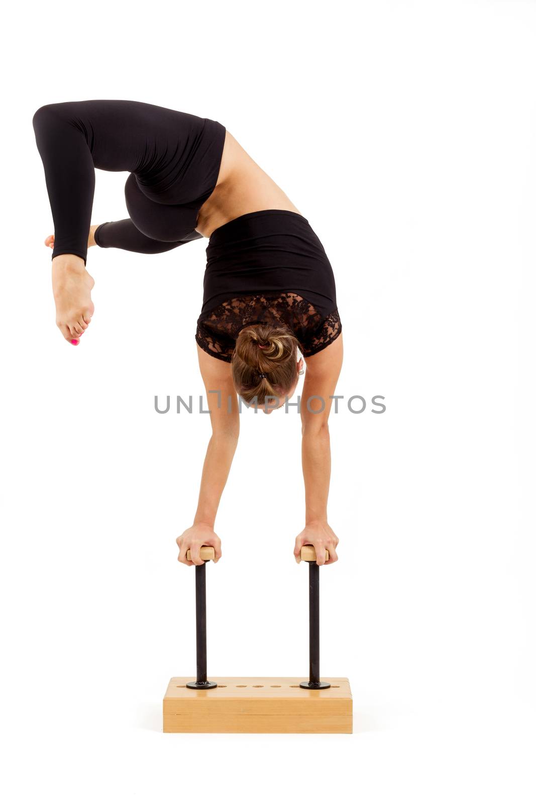 beauty contortionist practicing gymnastic yoga isolated on white background, Young professional gymnast woman