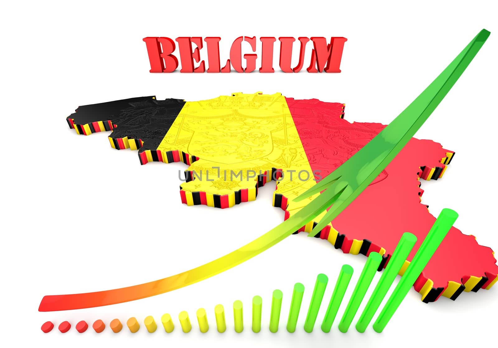 3D map illustration of Belgium with flag and coat of arms