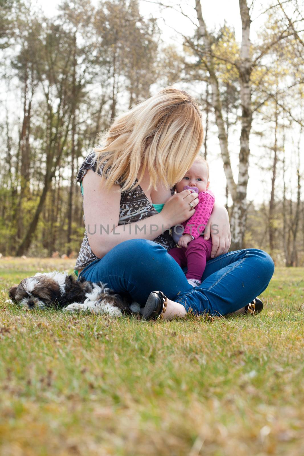 Mother is having a trip with the baby and dog outside