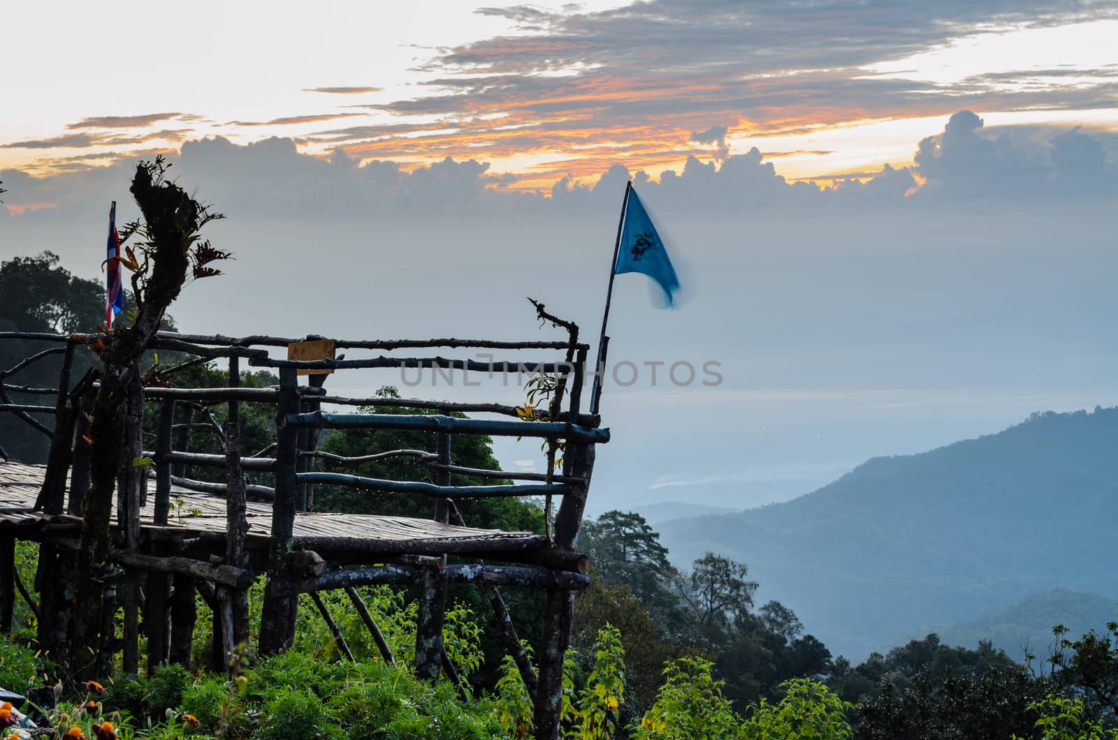 Podium for natural view on viewpoint Doi Ang Khang mountains at sunrise in Chiang Mai province of Thailand