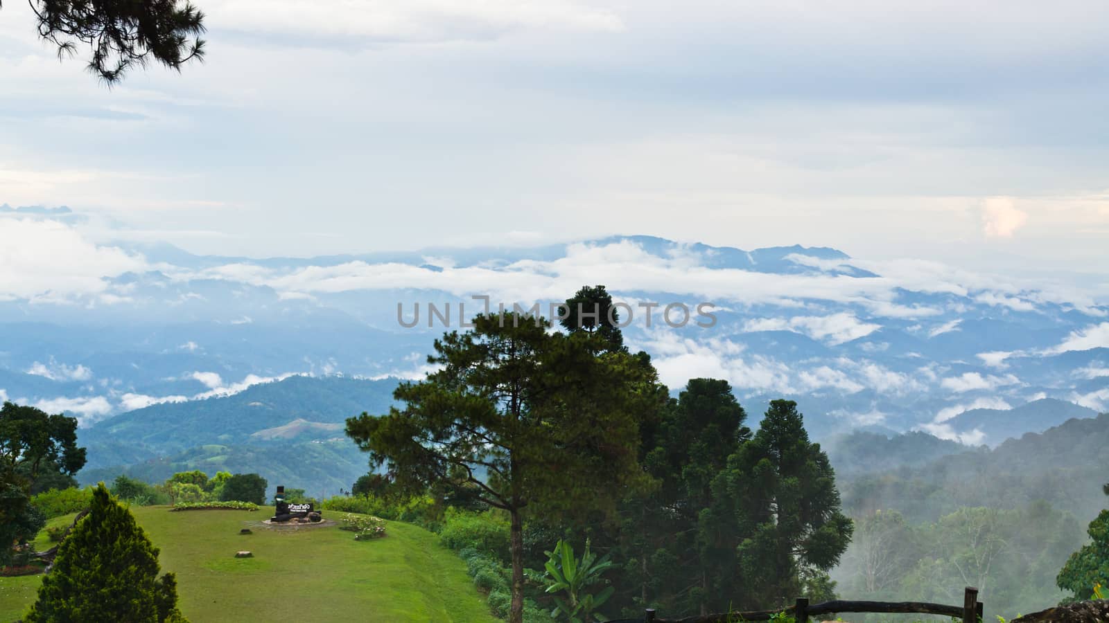 Peak for stunning views of mountains clouds and fog at Huai Nam Dang national park in Chiang Mai province of Thailand