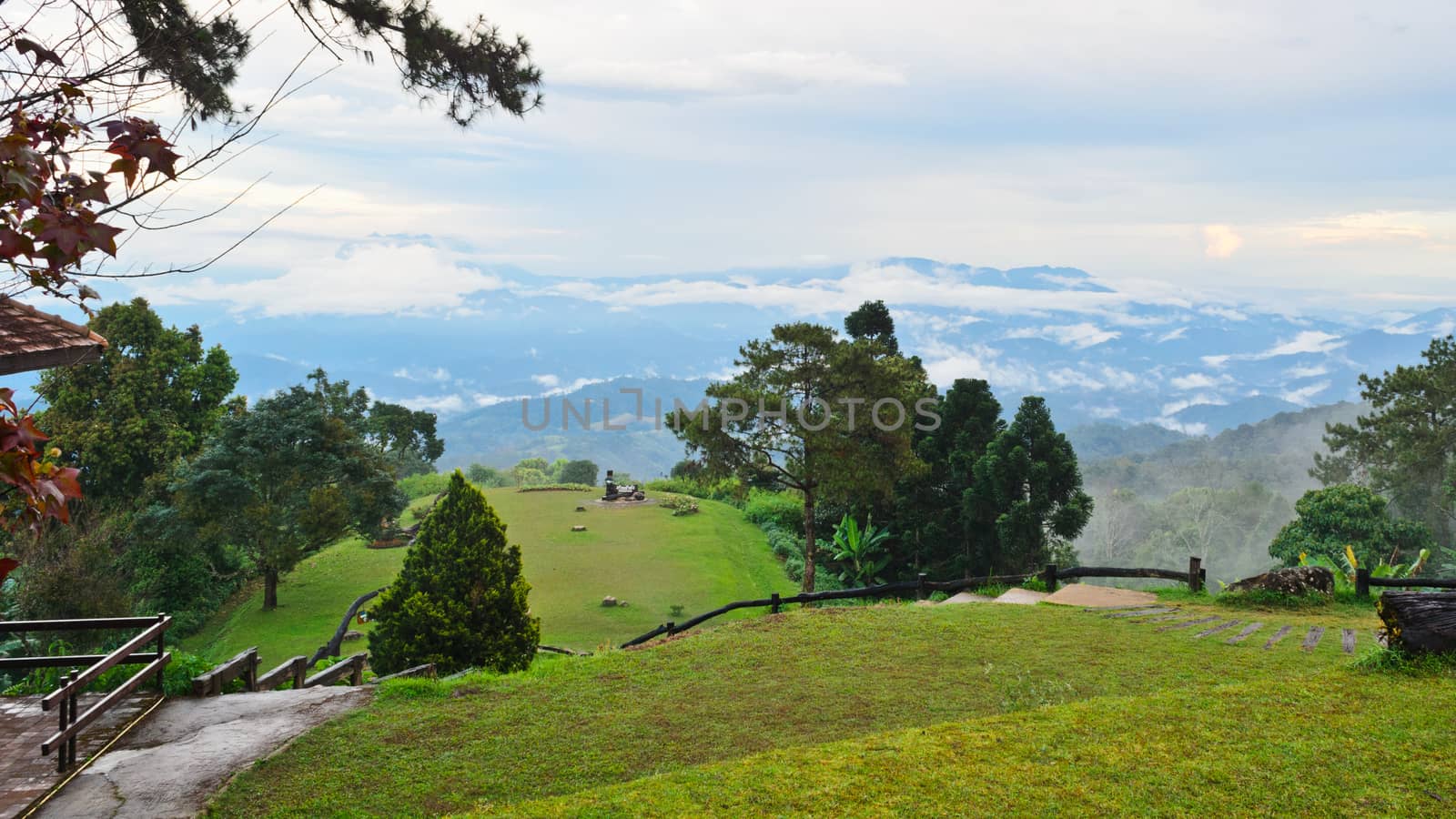 Peak for stunning views of mountains clouds and fog at Huai Nam Dang national park in Chiang Mai province of Thailand