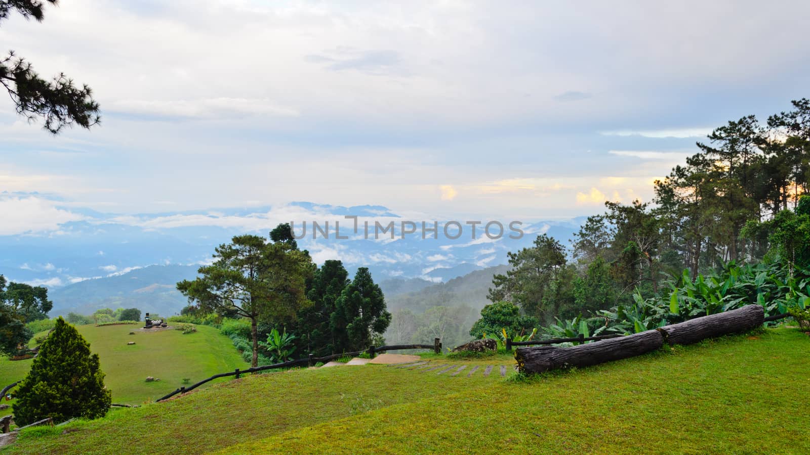 Peak for stunning views of mountains clouds and fog at Huai Nam Dang national park in Chiang Mai province of Thailand