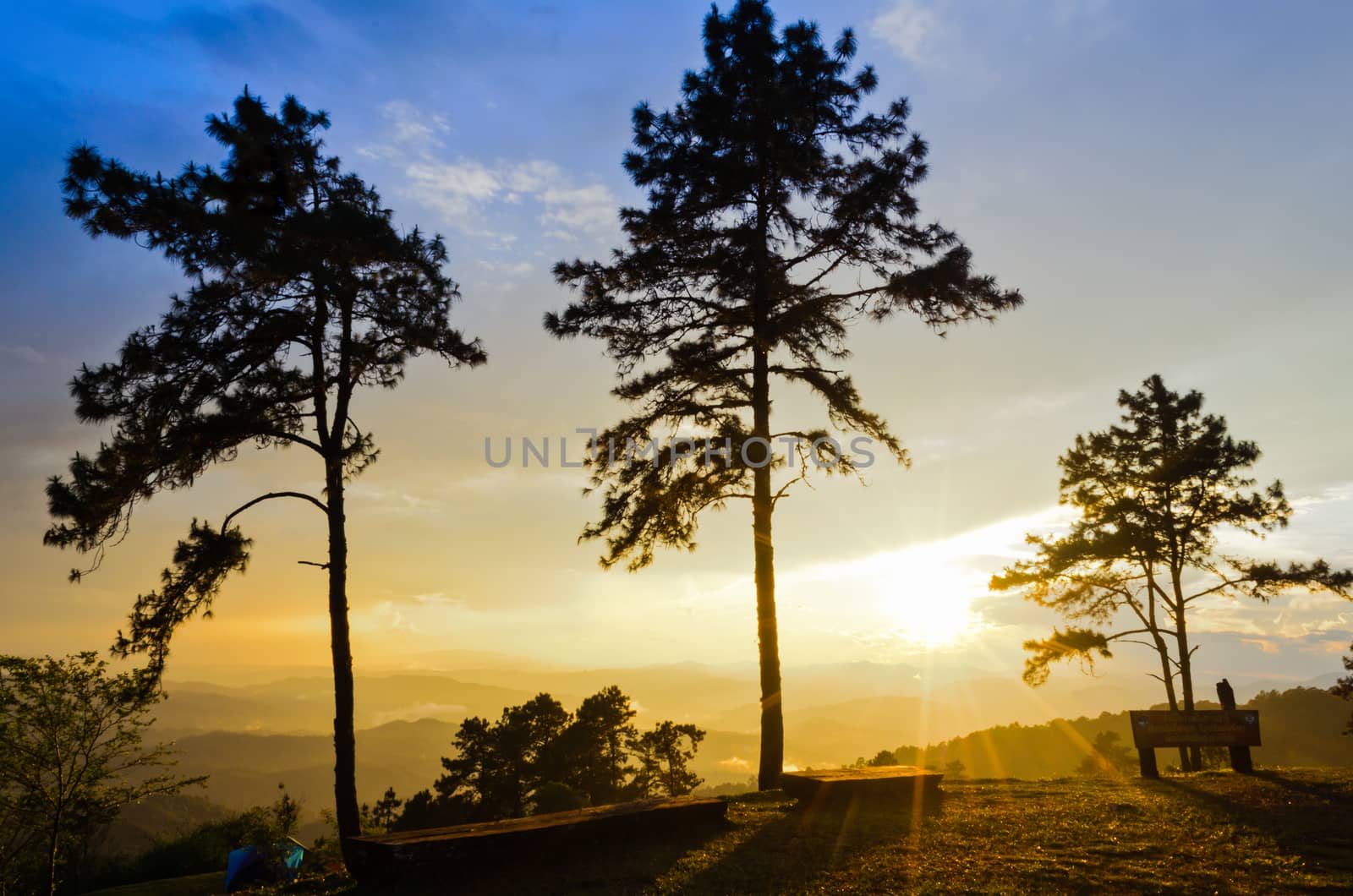 Sunset over high mountain range at viewpoint in Huai Nam Dang national park in Chiang Mai and Mae Hong Son of Thailand