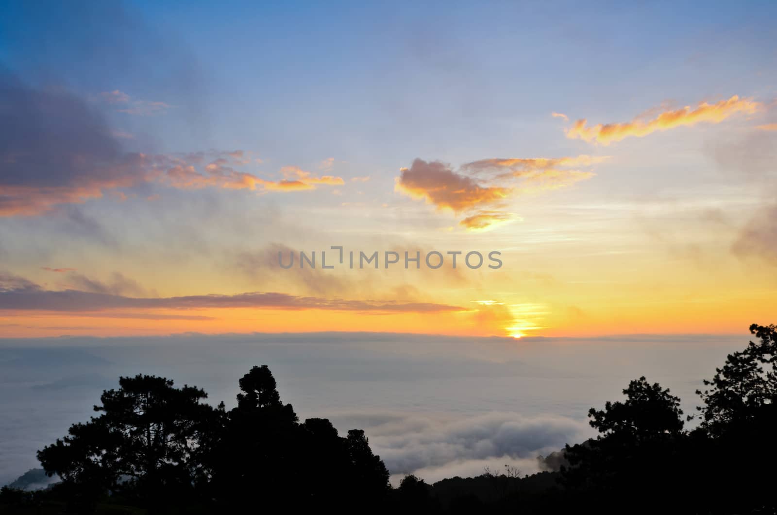 Colorful sunrise above the clouds from high mountain at viewpoint Huai Nam Dang national park in Chiang Mai and Mae Hong Son province of Thailand