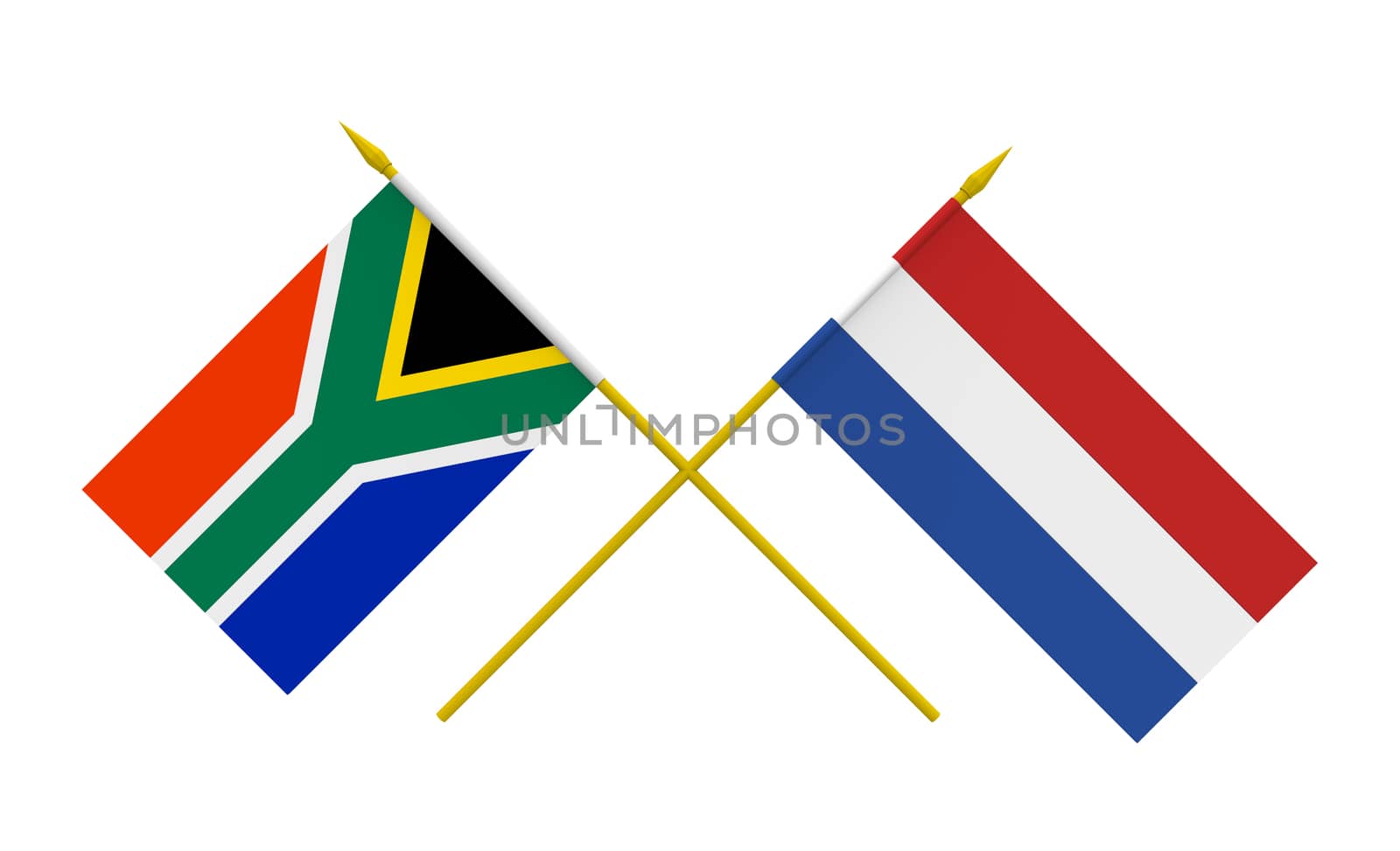 Flags of Netherlands and South Africa, 3d render, isolated
