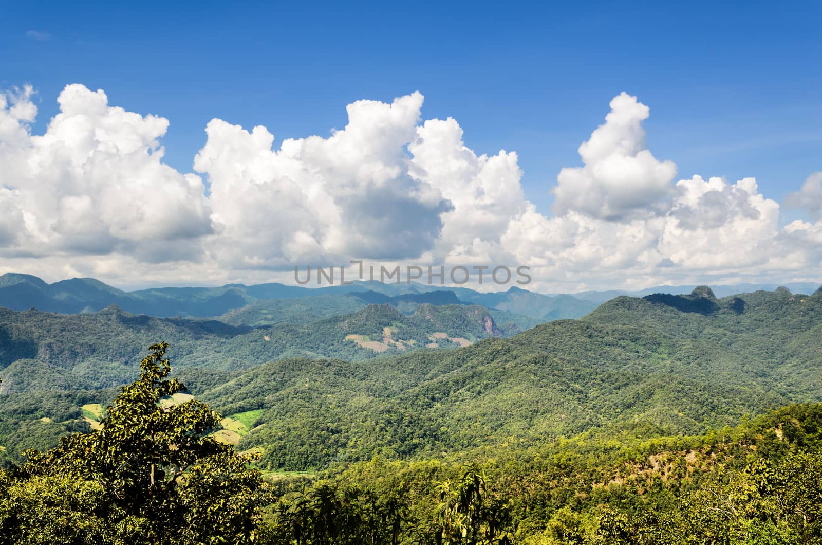 Landscape mountain range from high angle view at viewpoint of Mae Hong Son province, Thailand