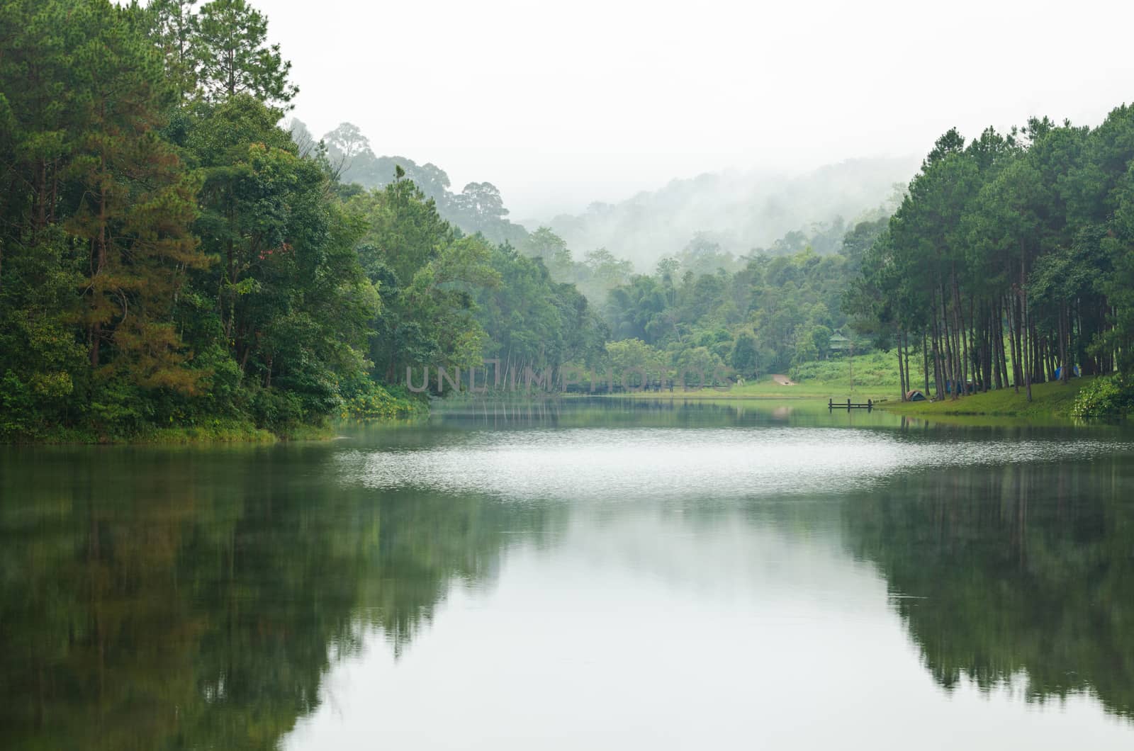 Nature landscape at morning of lakes and pine forests in Pang Ung national park of Mae Hong Son province, Thailand