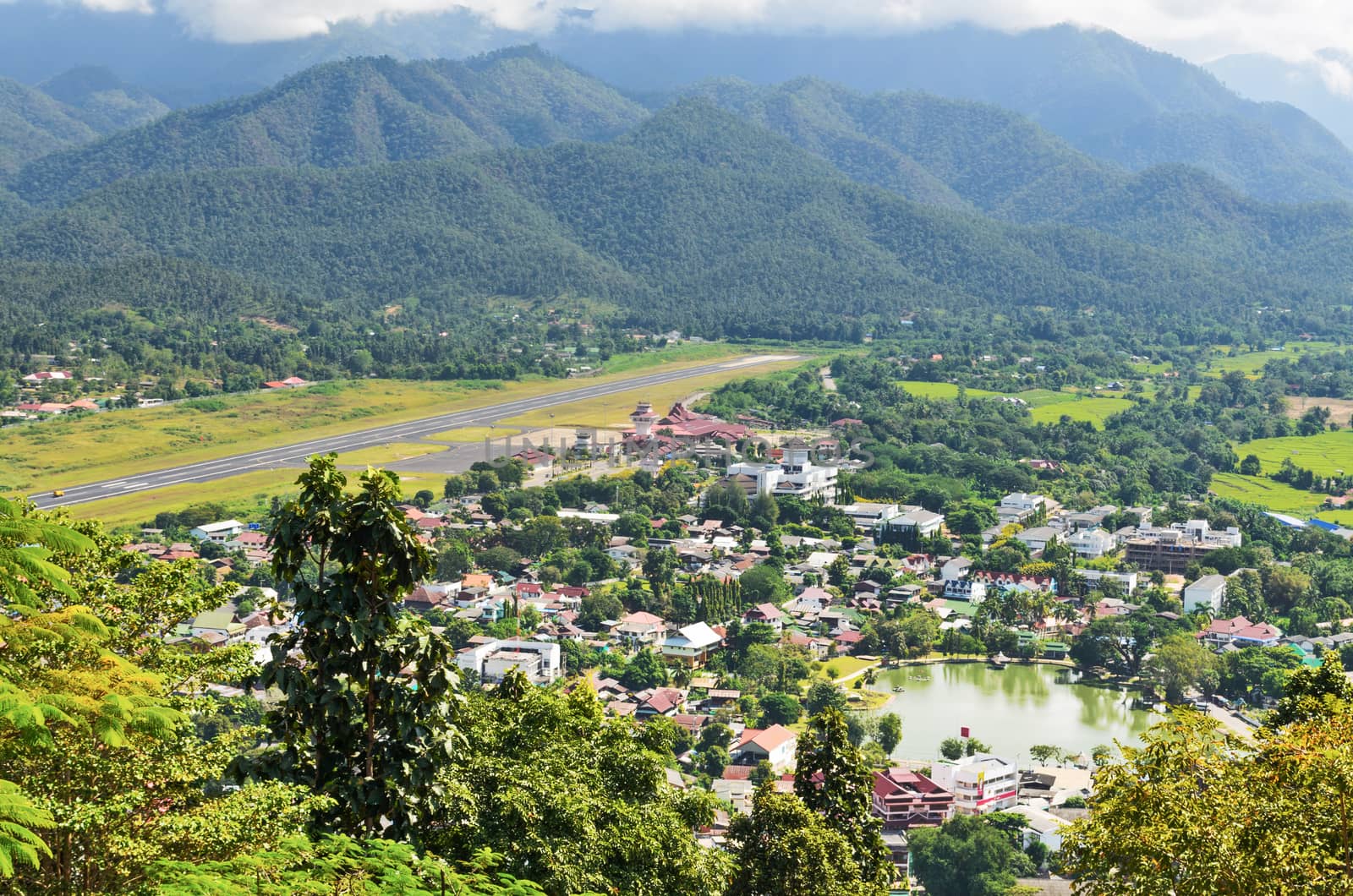 Landscape high angle view of city in the valley at Mae Hong Son province, Thailand