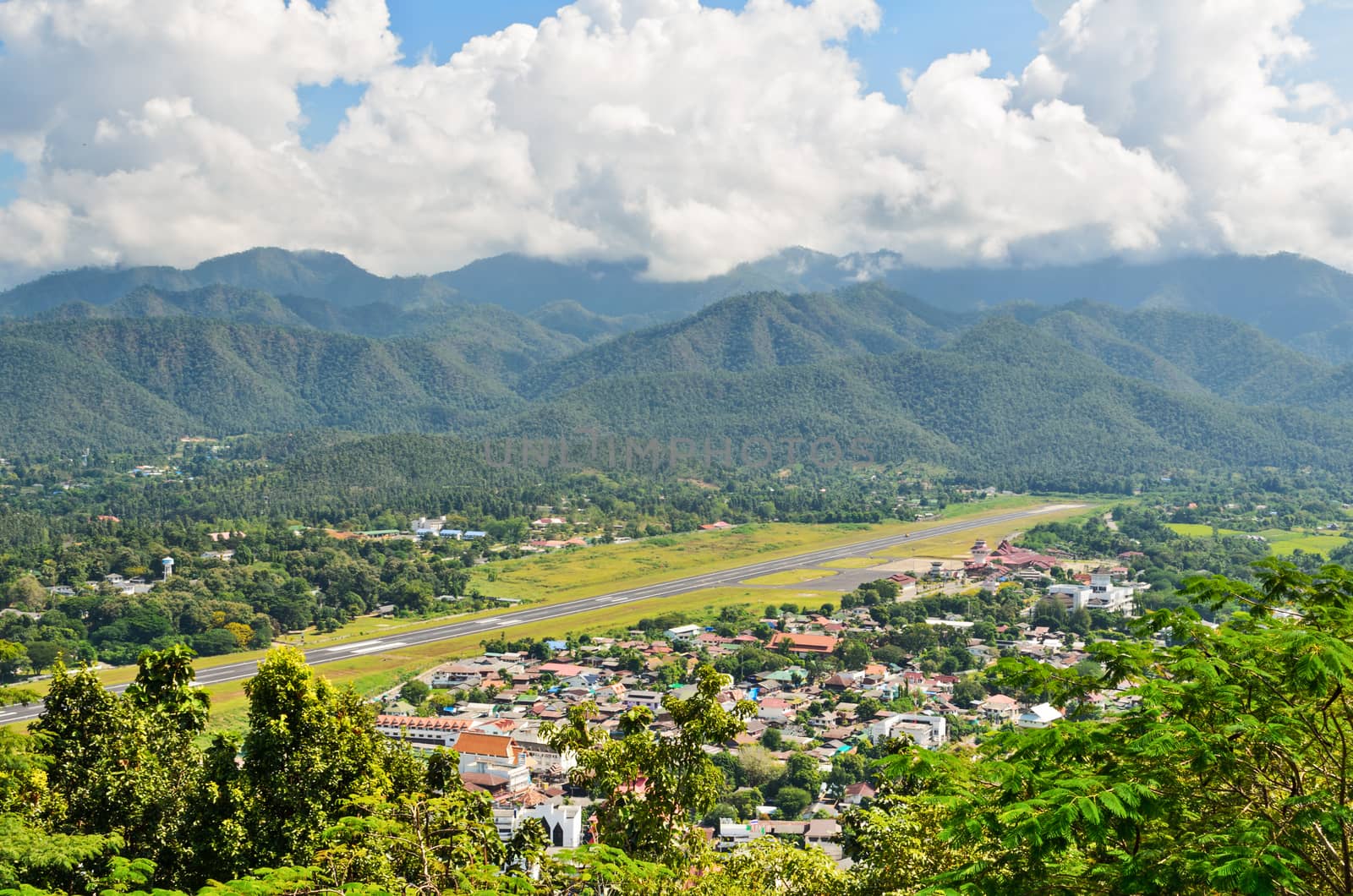 Landscape high angle view of city in the valley at Mae Hong Son province, Thailand