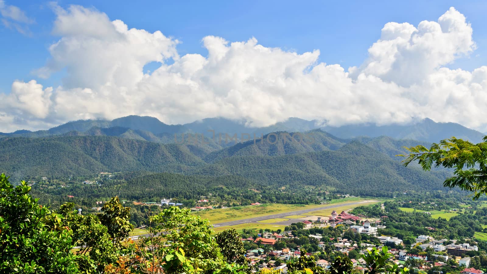 Landscape high angle view of city in the valley at Mae Hong Son province, Thailand