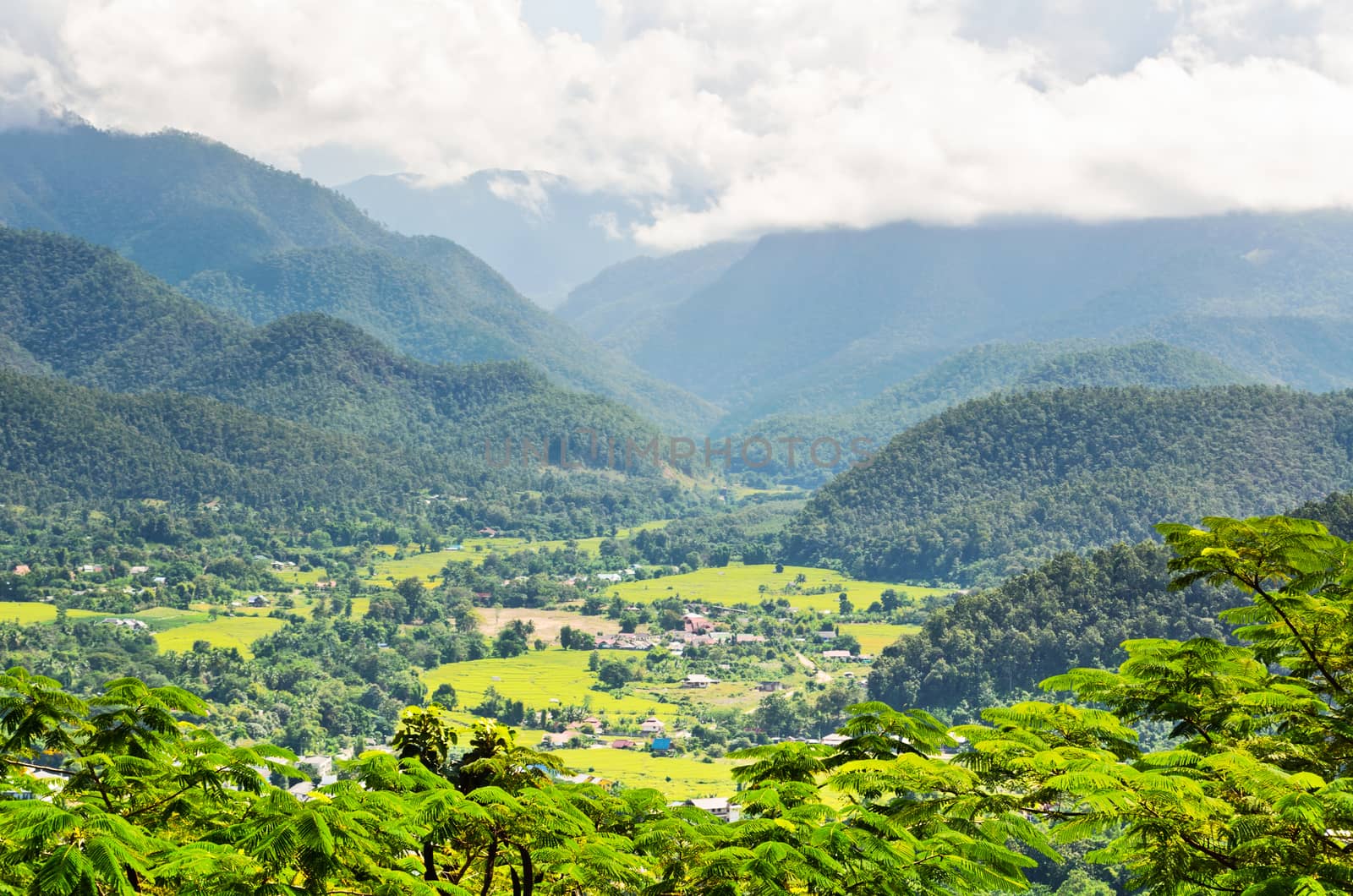 Landscape high angle view of city in the valley at Mae Hong Son province, Thailand