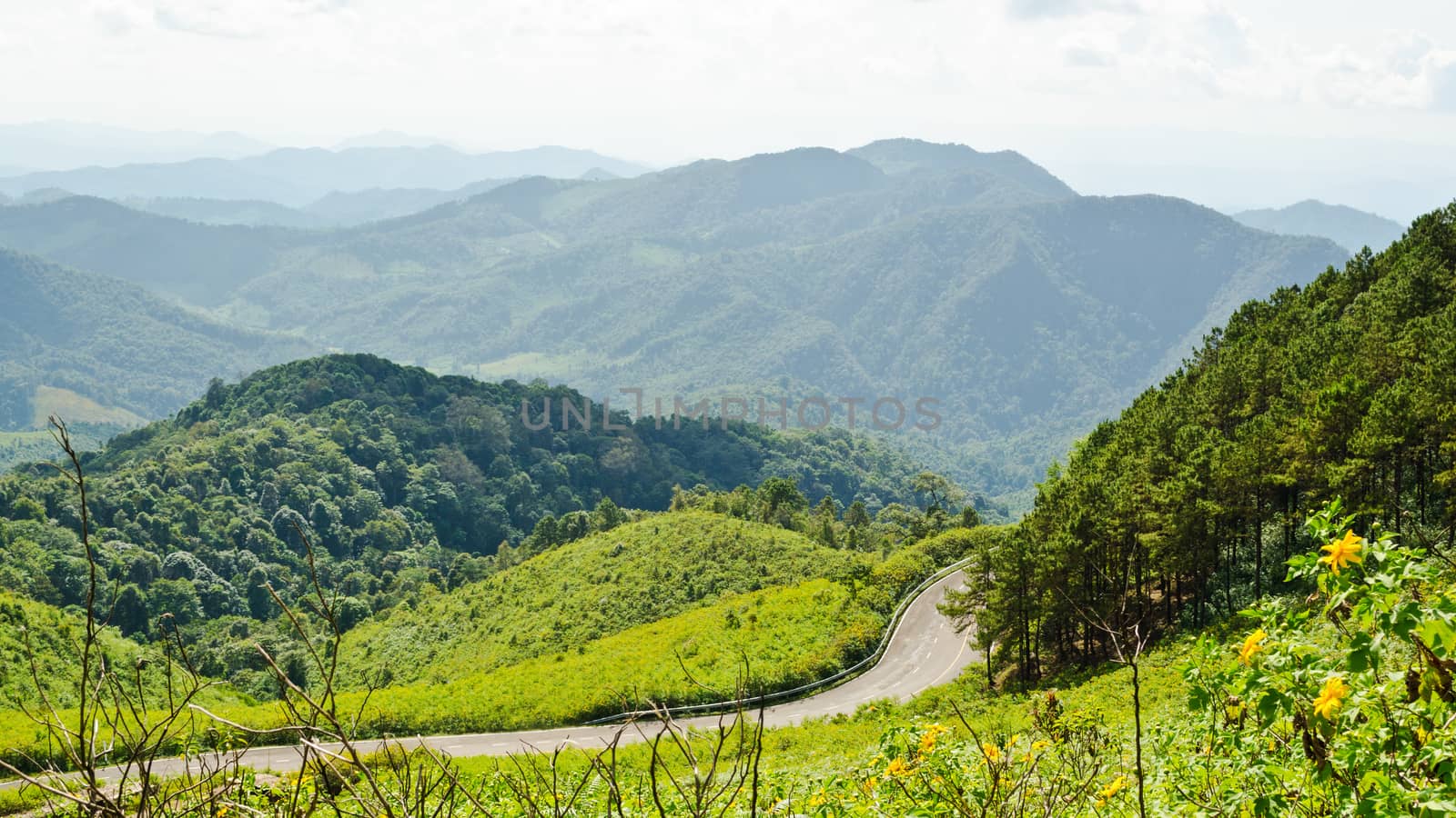 Landscape mountain range high angle view from viewpoint Doi Mae U Ko at Mae Hong Son province of Thailand