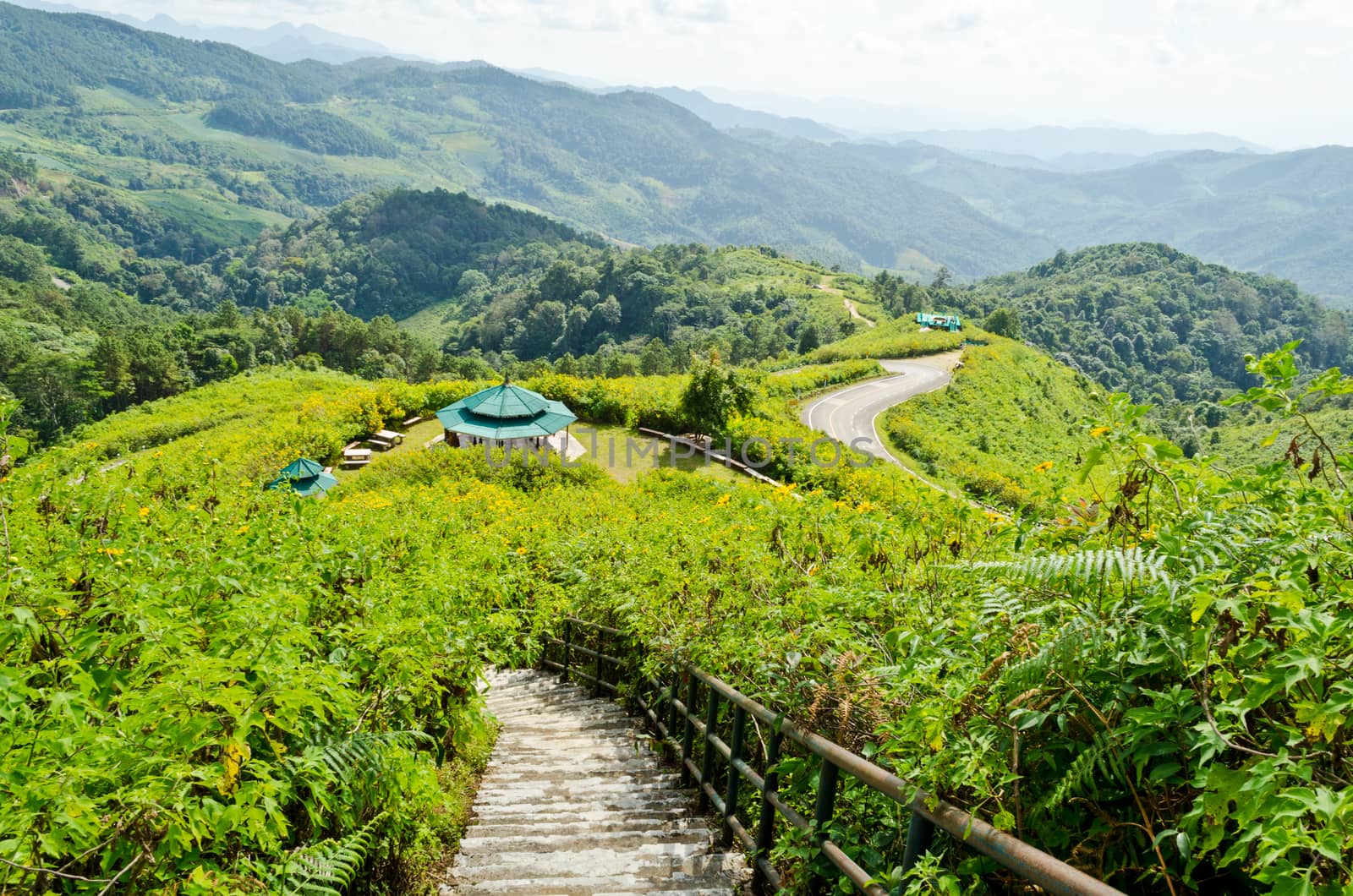 Landscape mountain range high angle view from viewpoint Doi Mae U Ko at Mae Hong Son province of Thailand