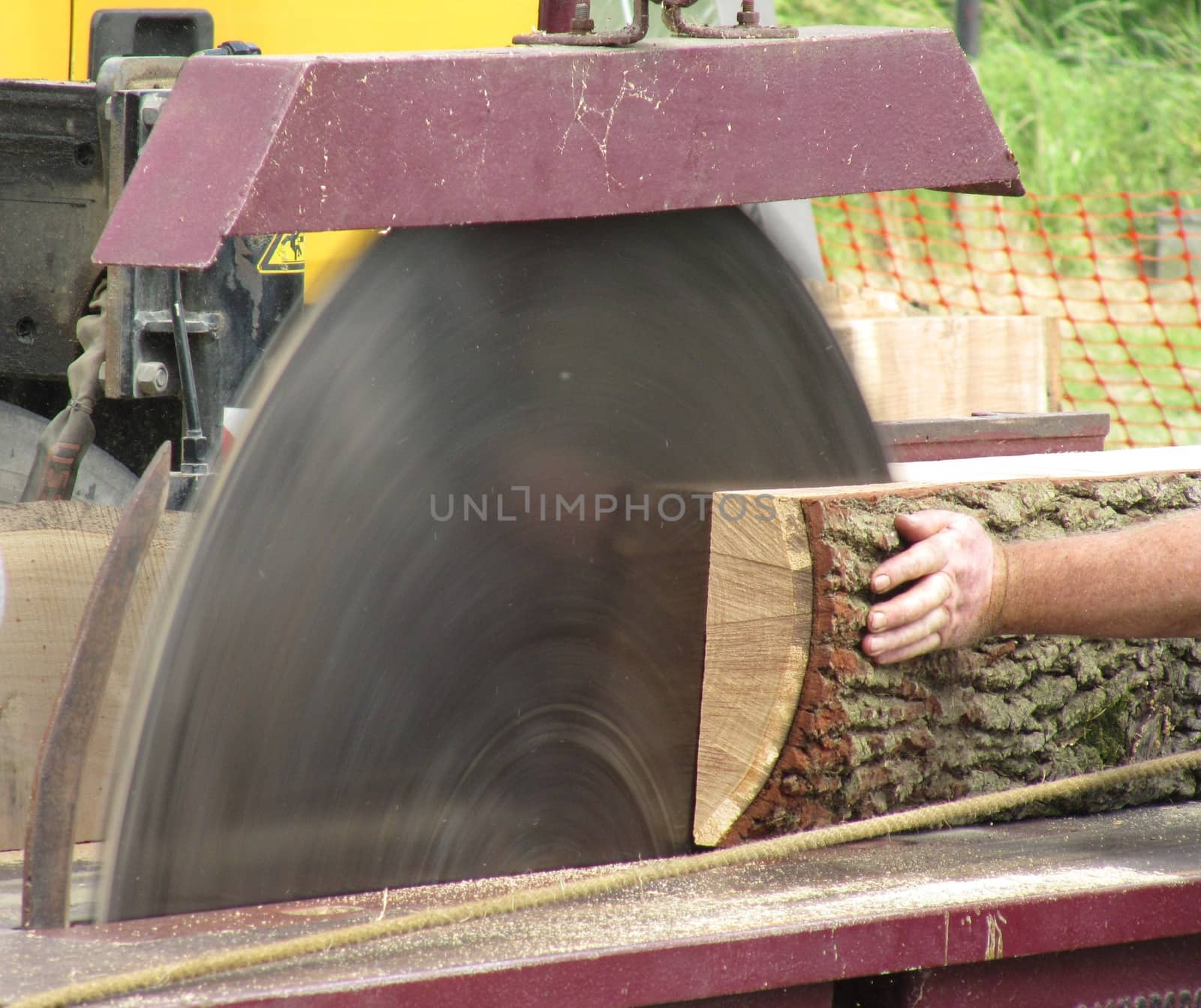 a large dangerous looking circular saw cutting wood by chrisga