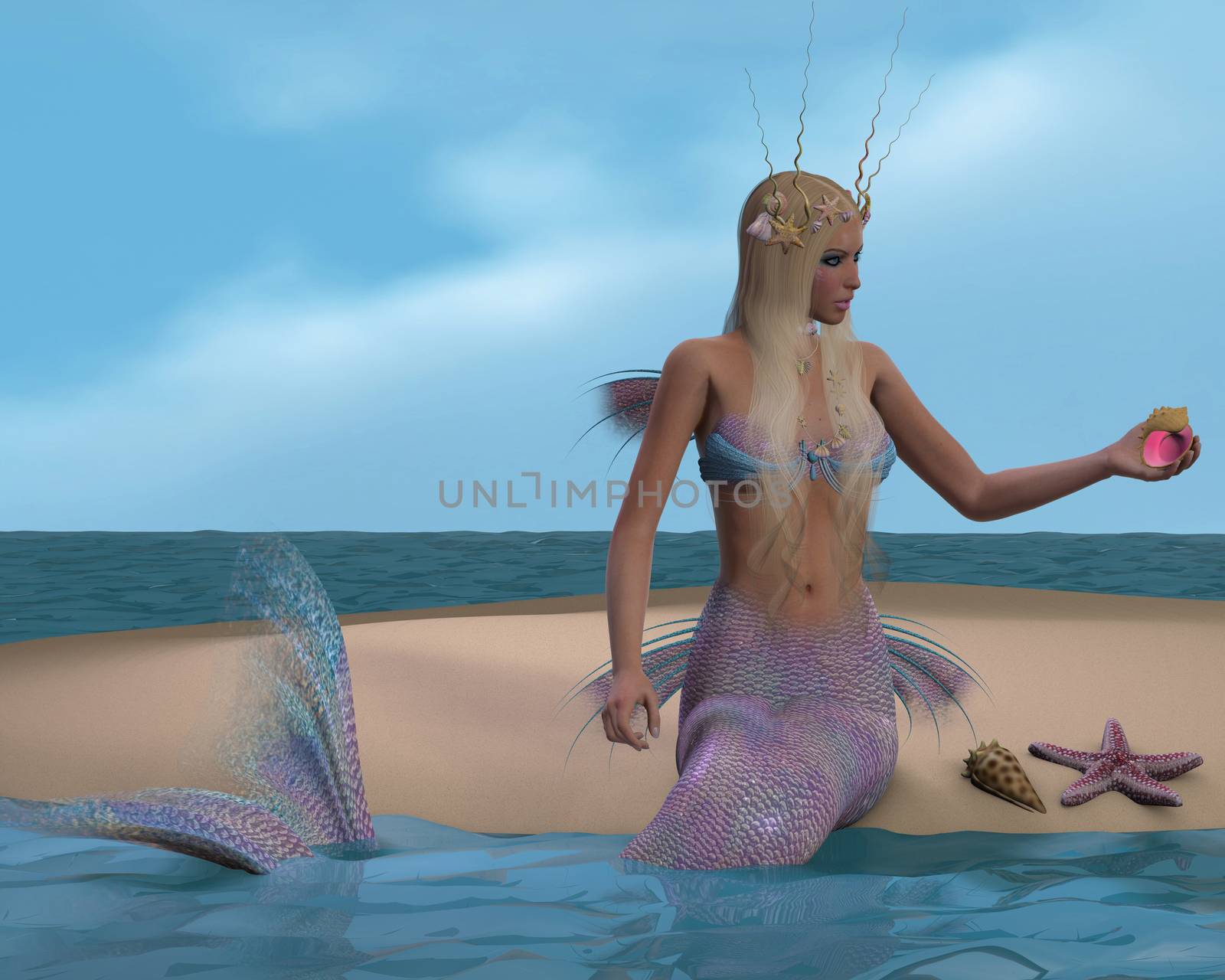 A mermaid sits of a beach and admires the seashells and starfish she has collected.