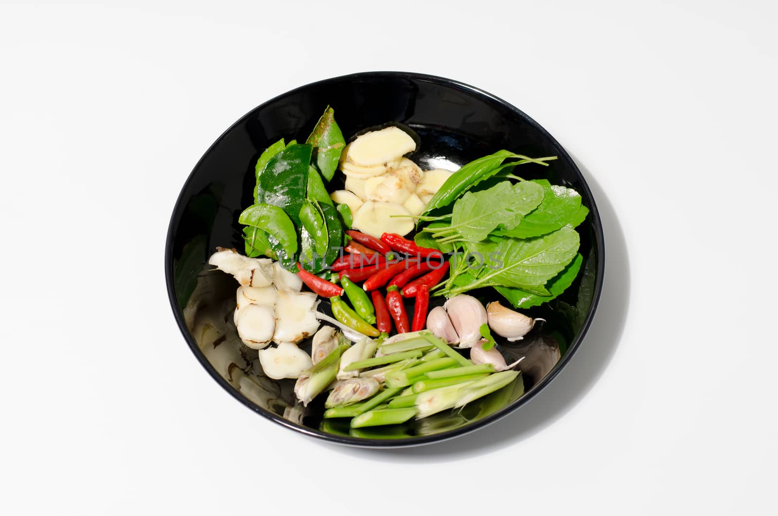 Herbs and spices set to make tom yum spicy soup
