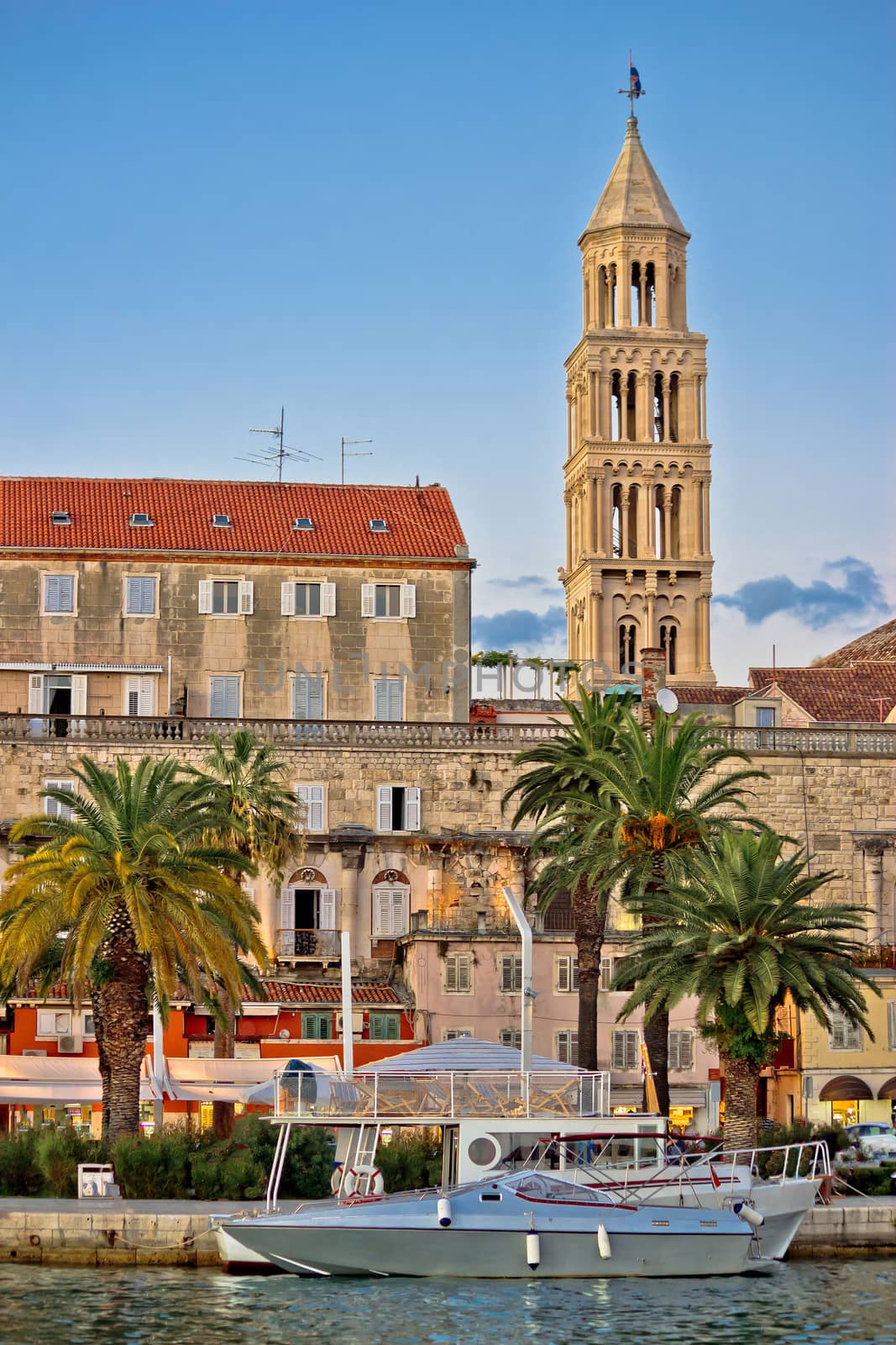 Split saint Duje churh tower and Diocletian palace waterfront vertical view, Dalmatia, Croatia