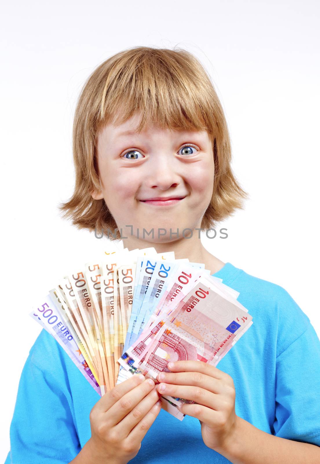 BOY HOLDING EUROPEAN UNION BANKNOTES by courtyardpix