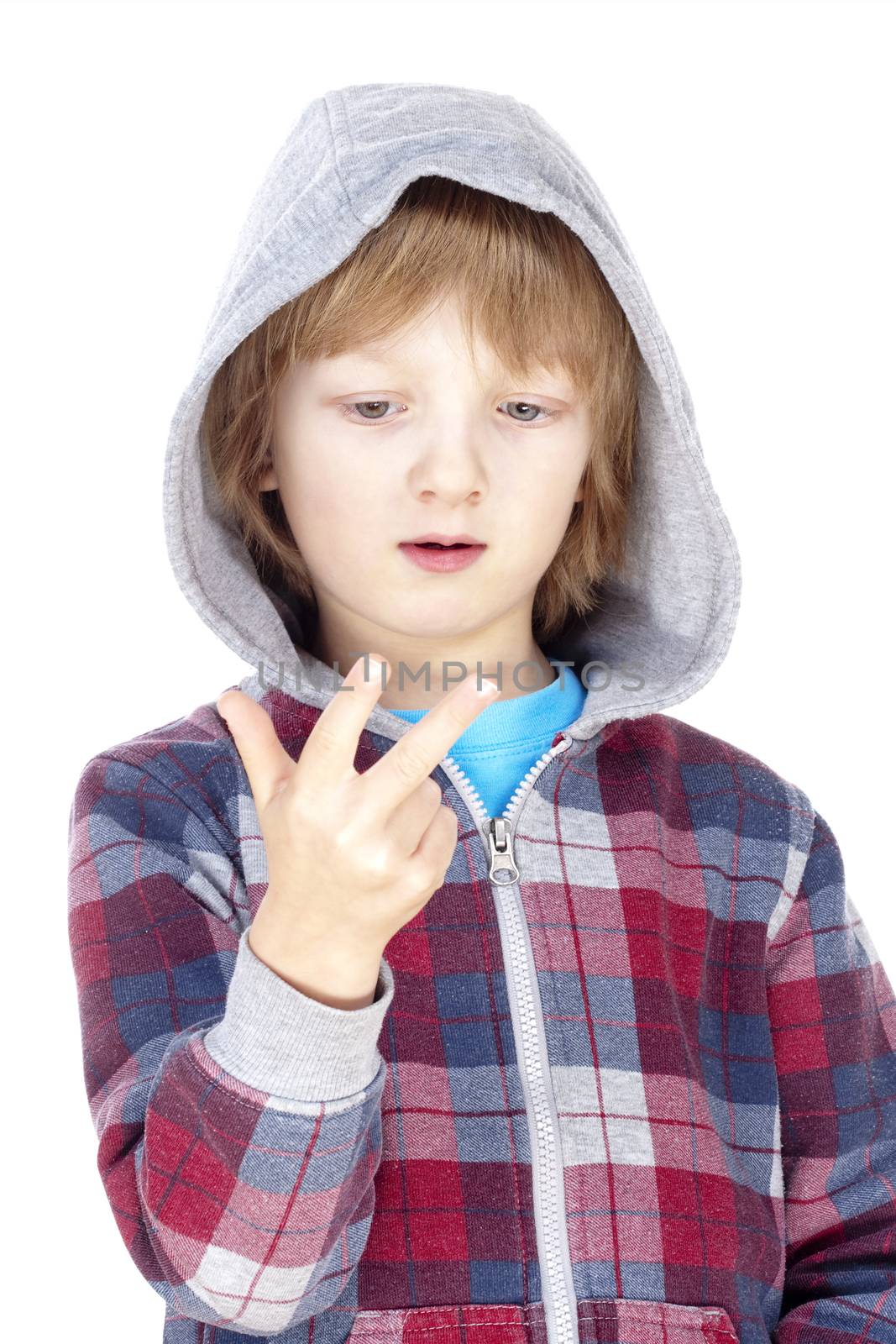 boy with blond hair counting on fingers of his hand - isolated on white