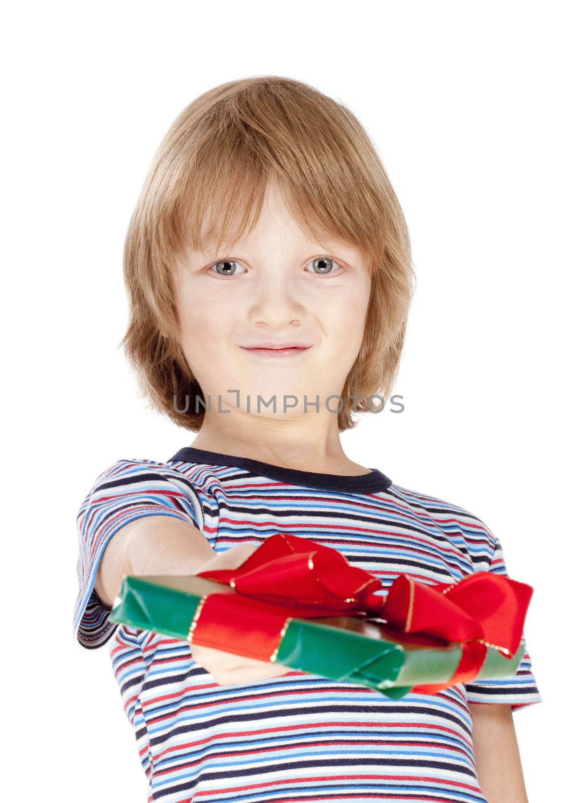 Boy Holding out a Present - Isolated on White