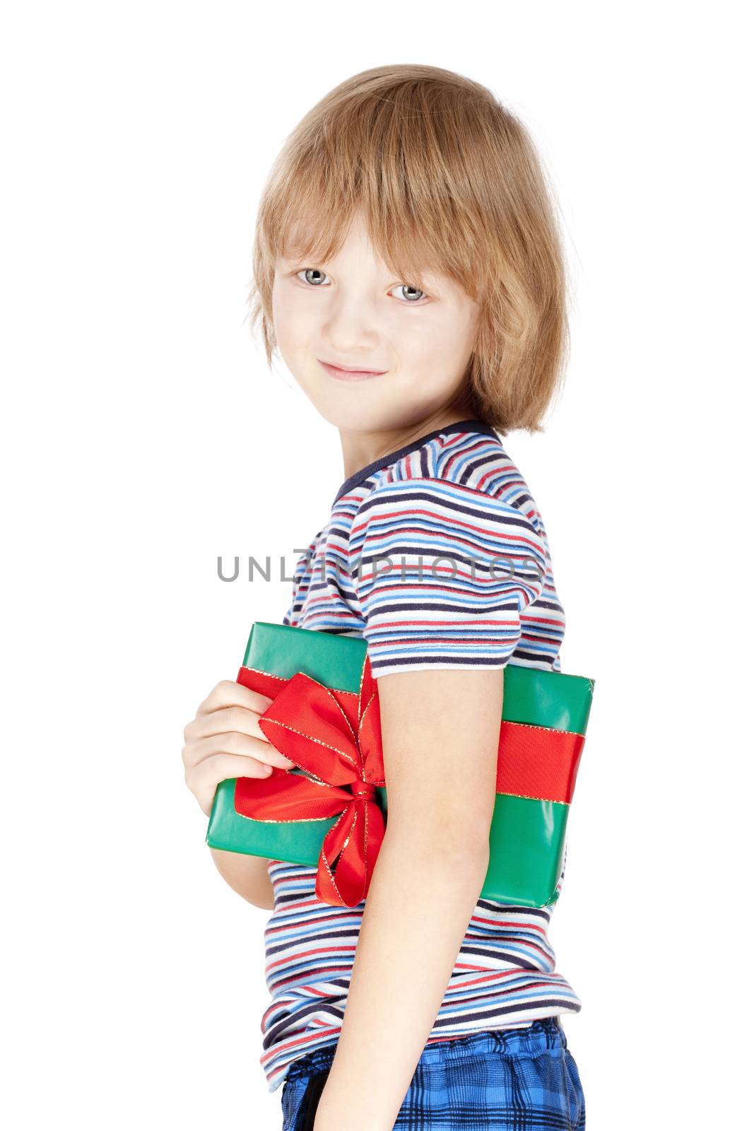 Boy Holding a Present - Isolated on White