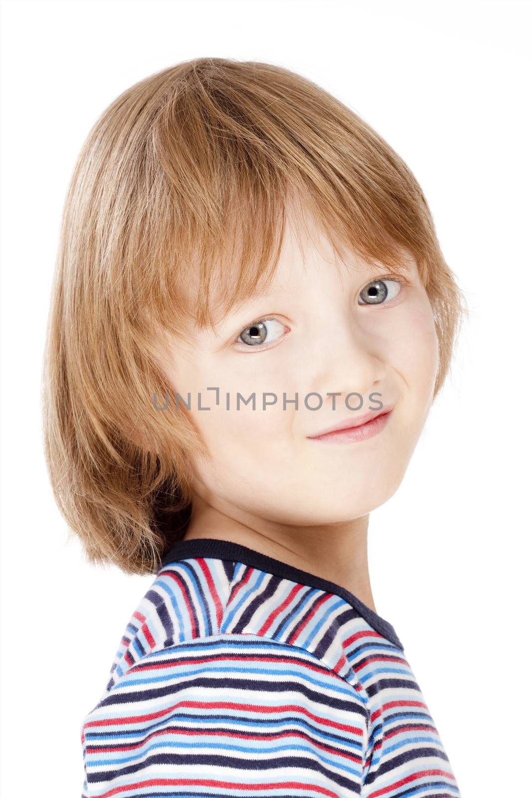 Portrait of a Boy with Blond Hair Looking - Isolated on White