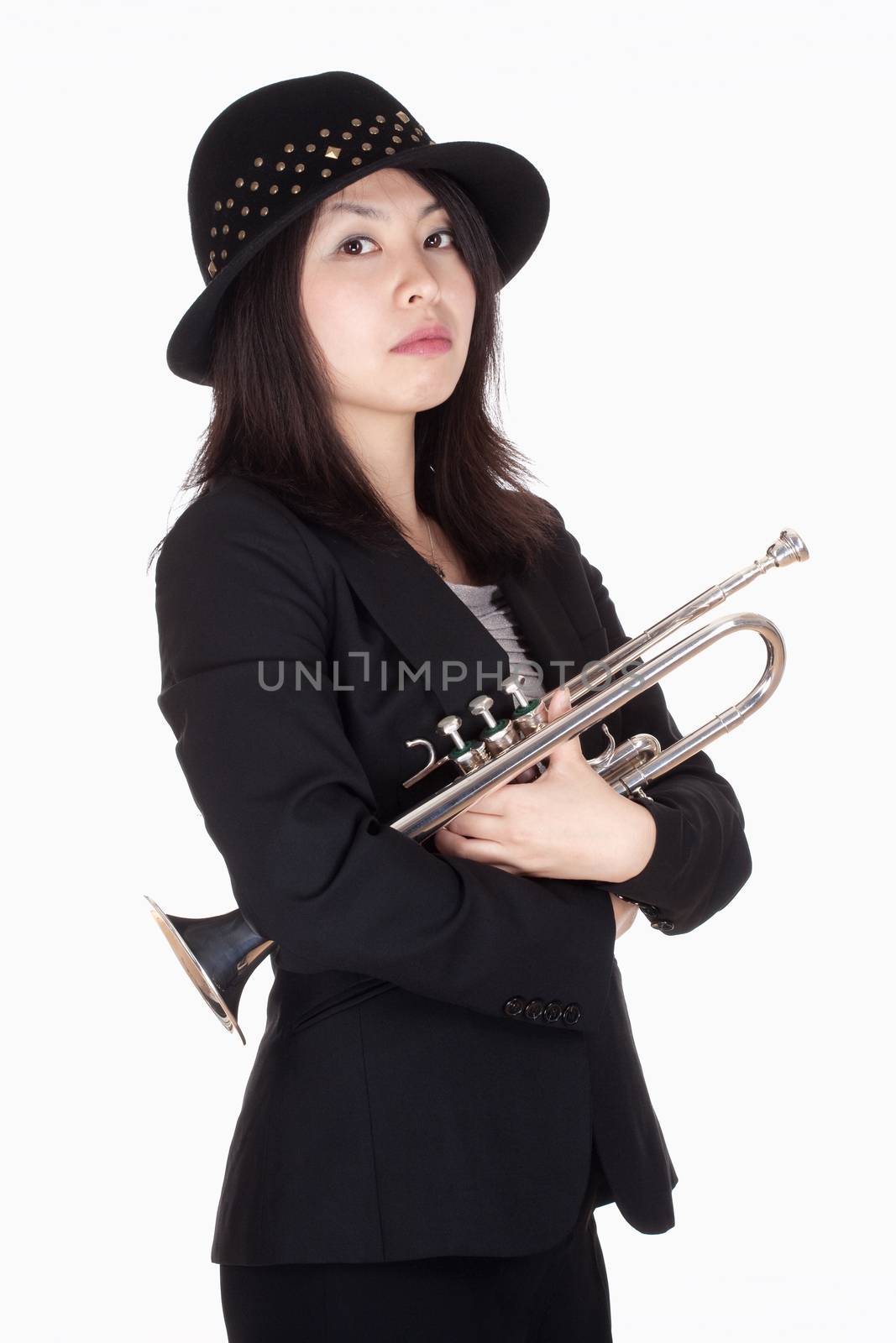 Portrait of a Female Trumpet Player - Isolated on White