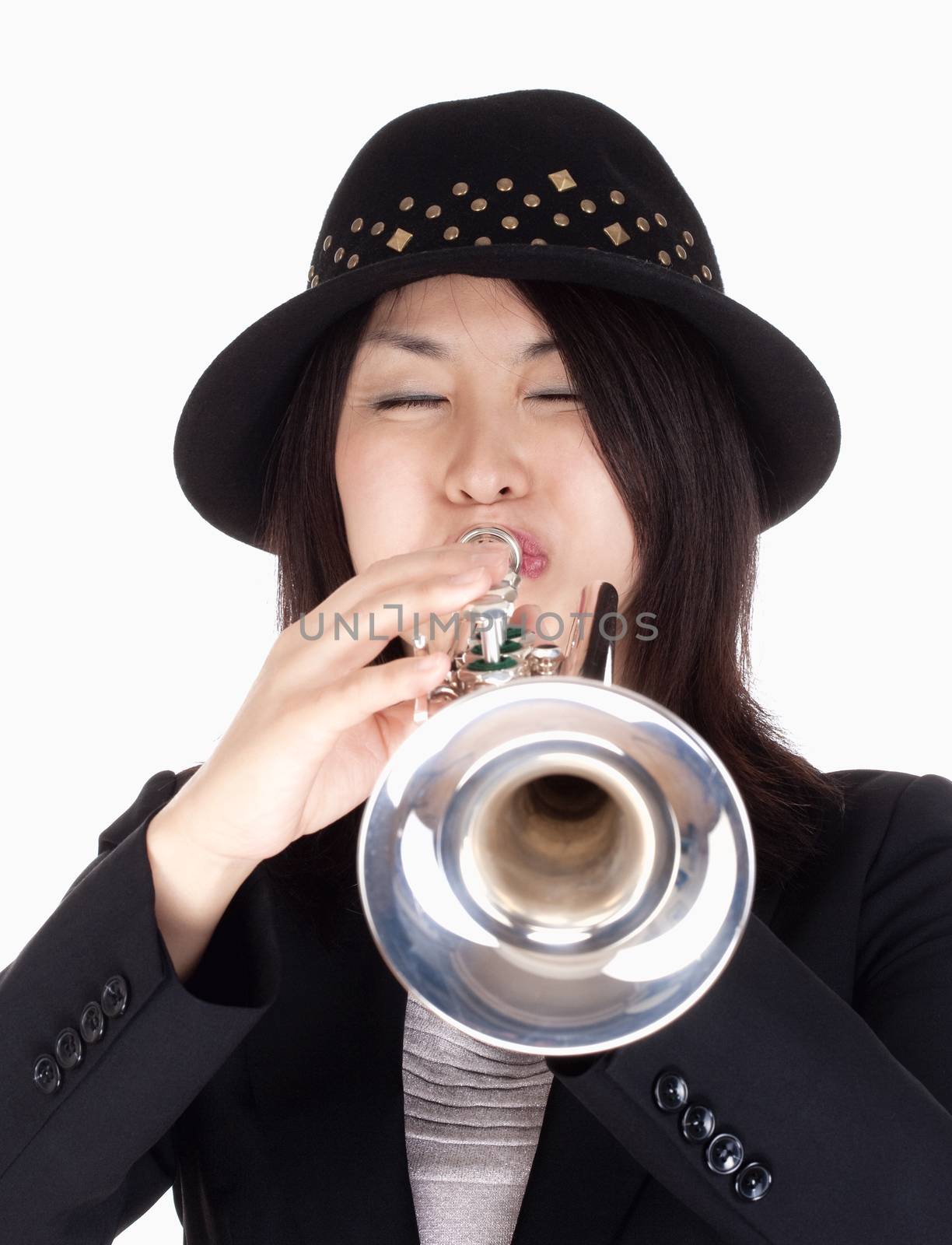 Portrait of a Female Trumpet Player - Isolated on White