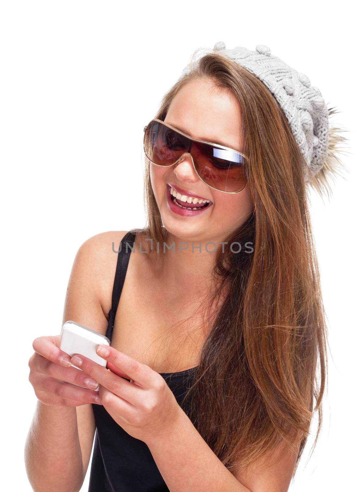 Teenage Girl with Sunglasses on Mobile Phone - Isolated on White