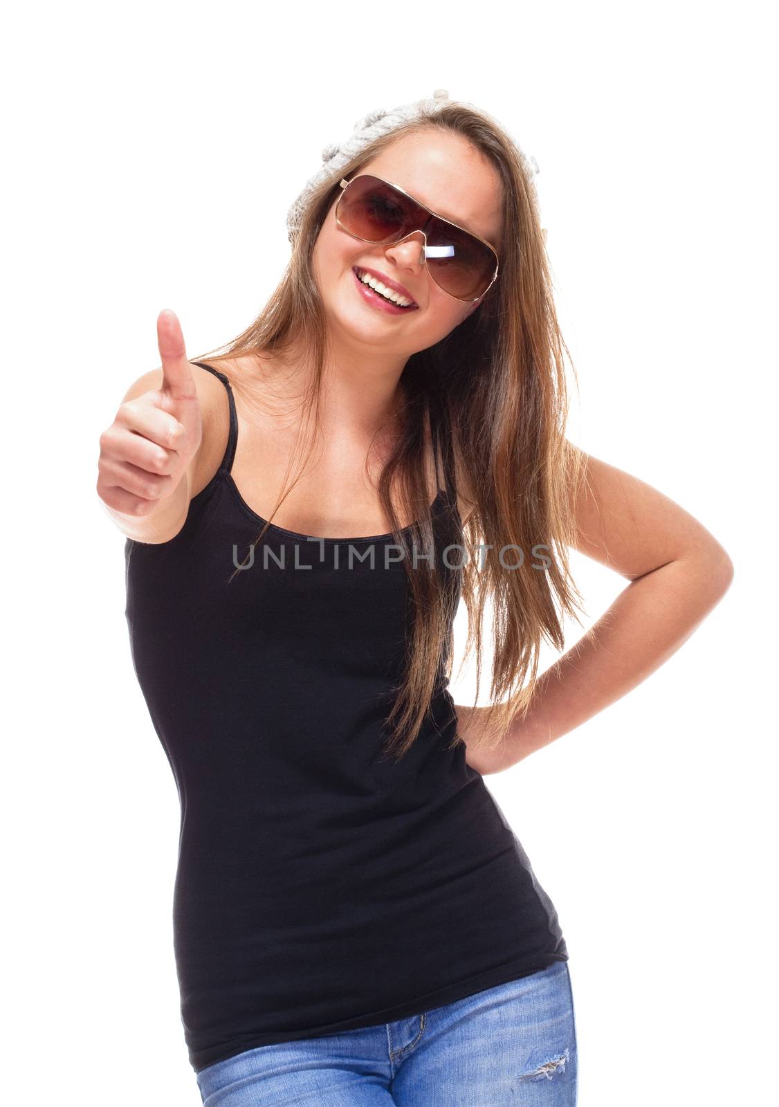 Portrait of a Teenage Girl with Sunglasses showing Thumbs up Sign