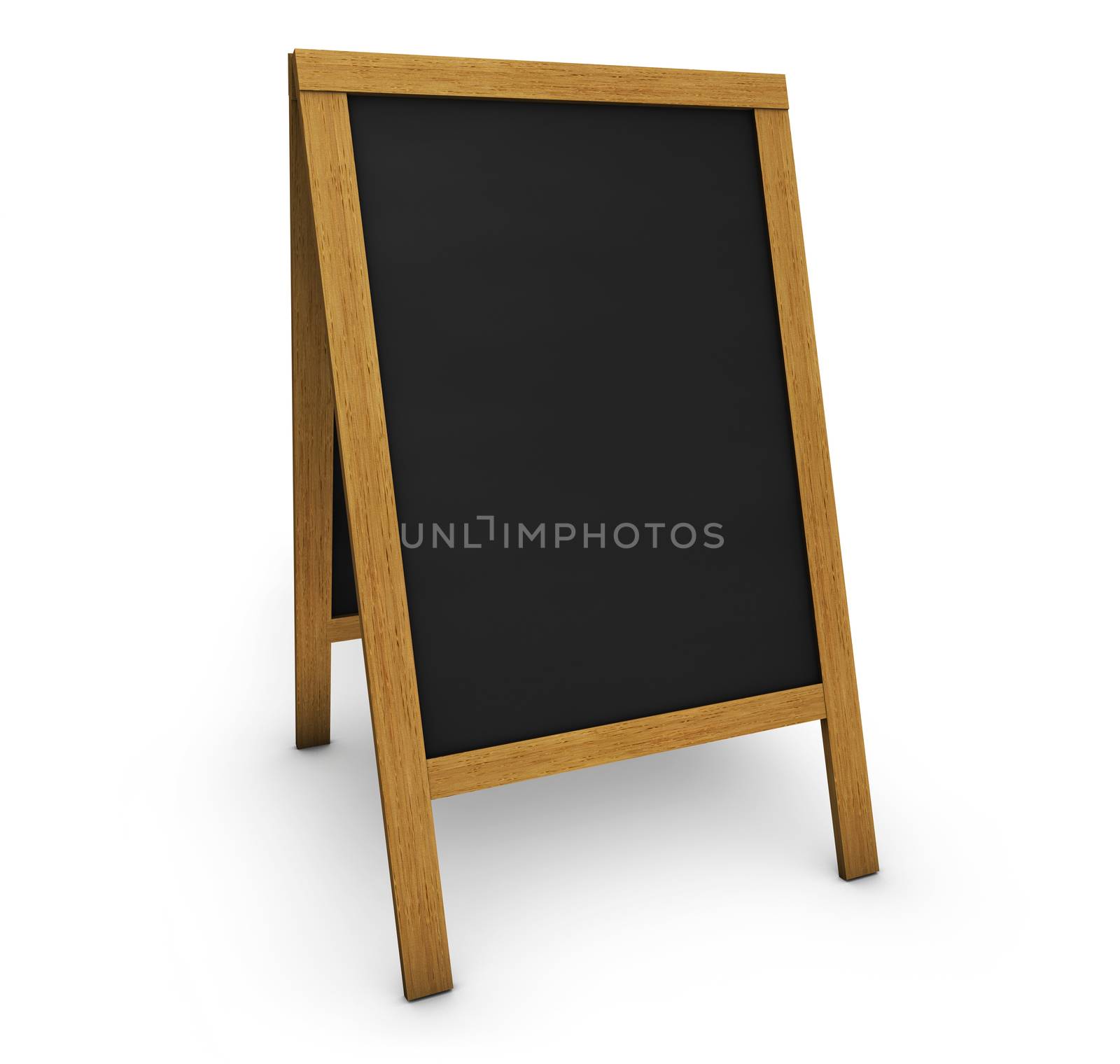 Blank wooden vintage restaurant chalkboard or board with central empty black surface for menu, daily food or event program on white background.