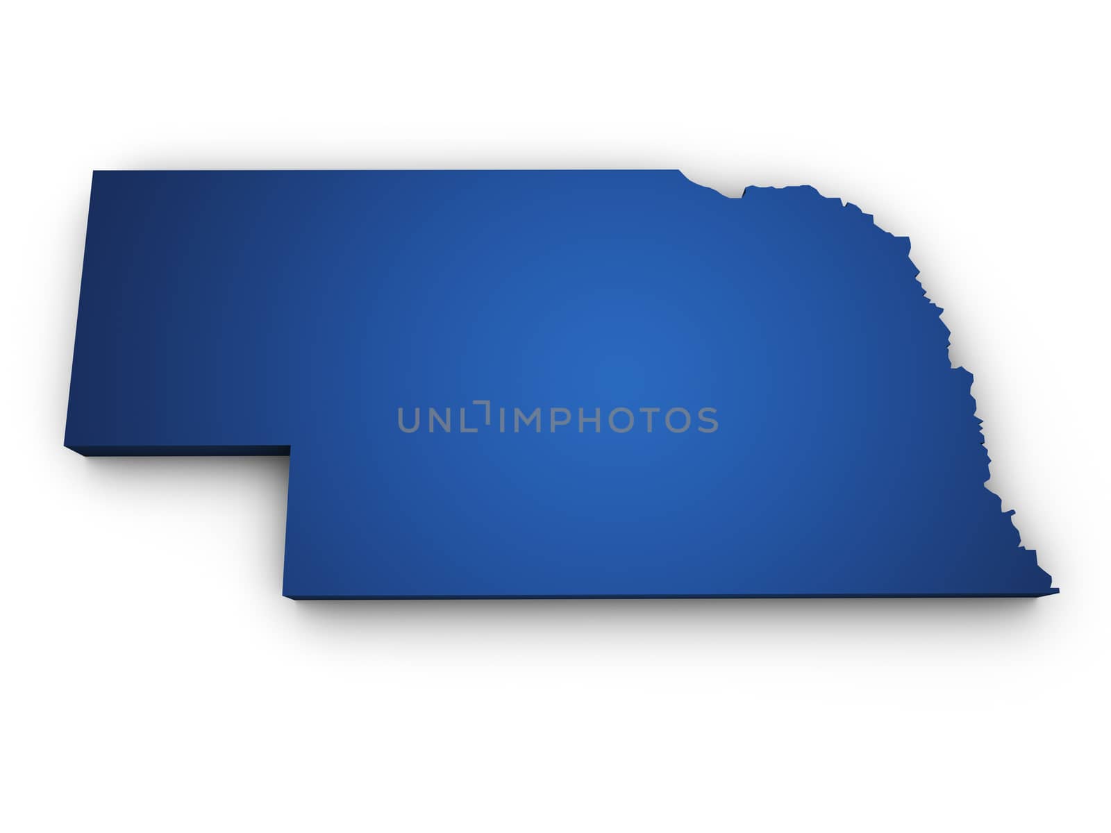 Shape 3d of Nebraska map colored in blue and isolated on white background.