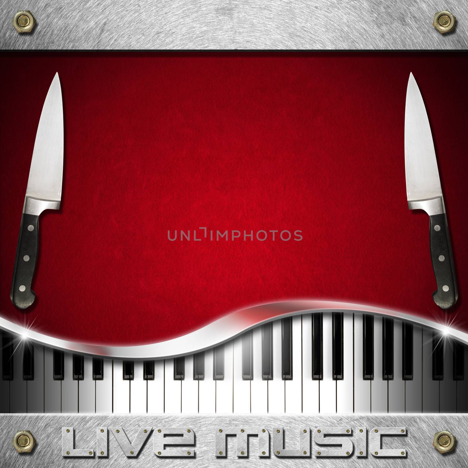 Red velvet background with two kitchen knives, piano keyboard and text Live Music on metal background. Template for food menu and a live musical event
