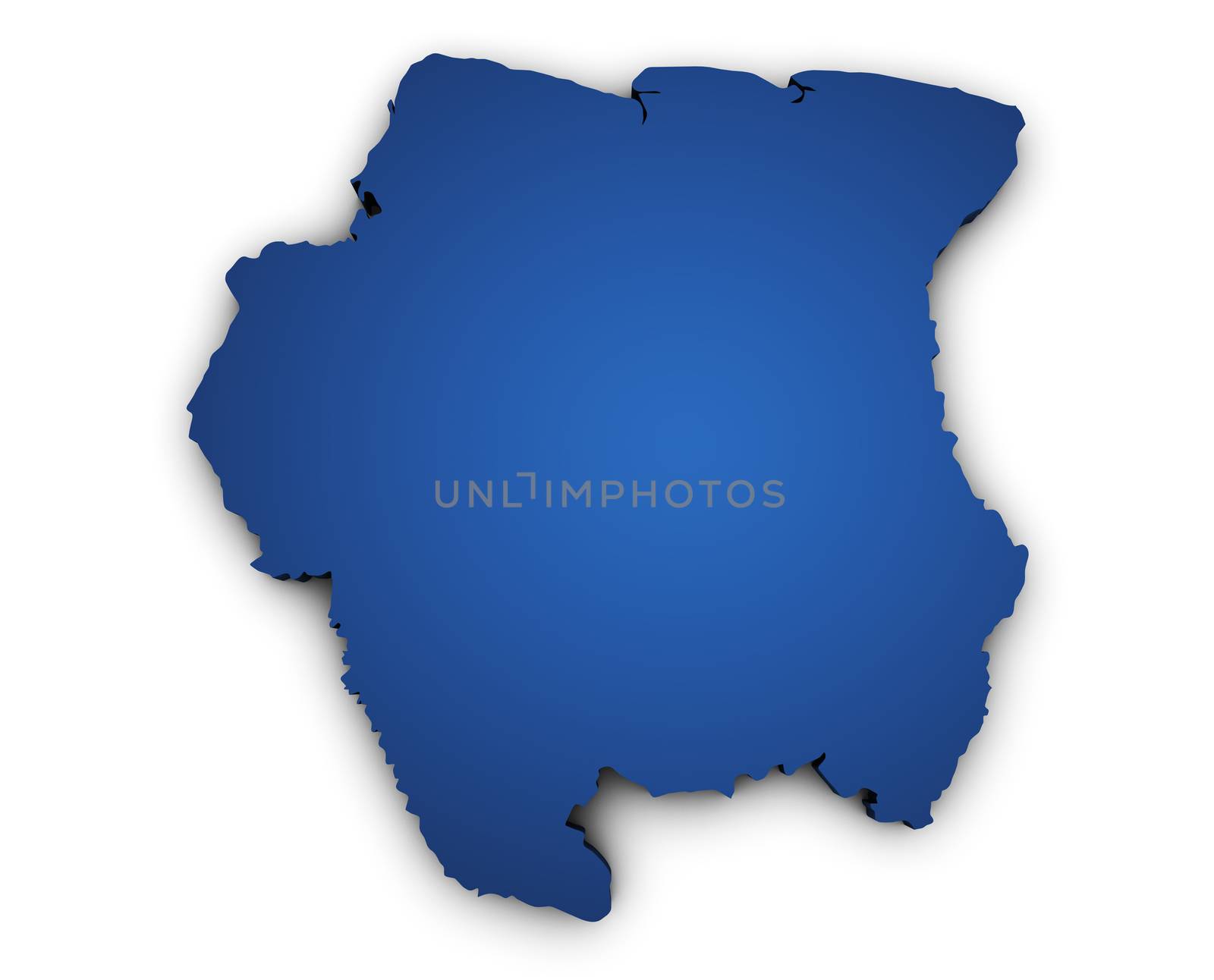 Shape 3d of Suriname map colored in blue and isolated on white background.